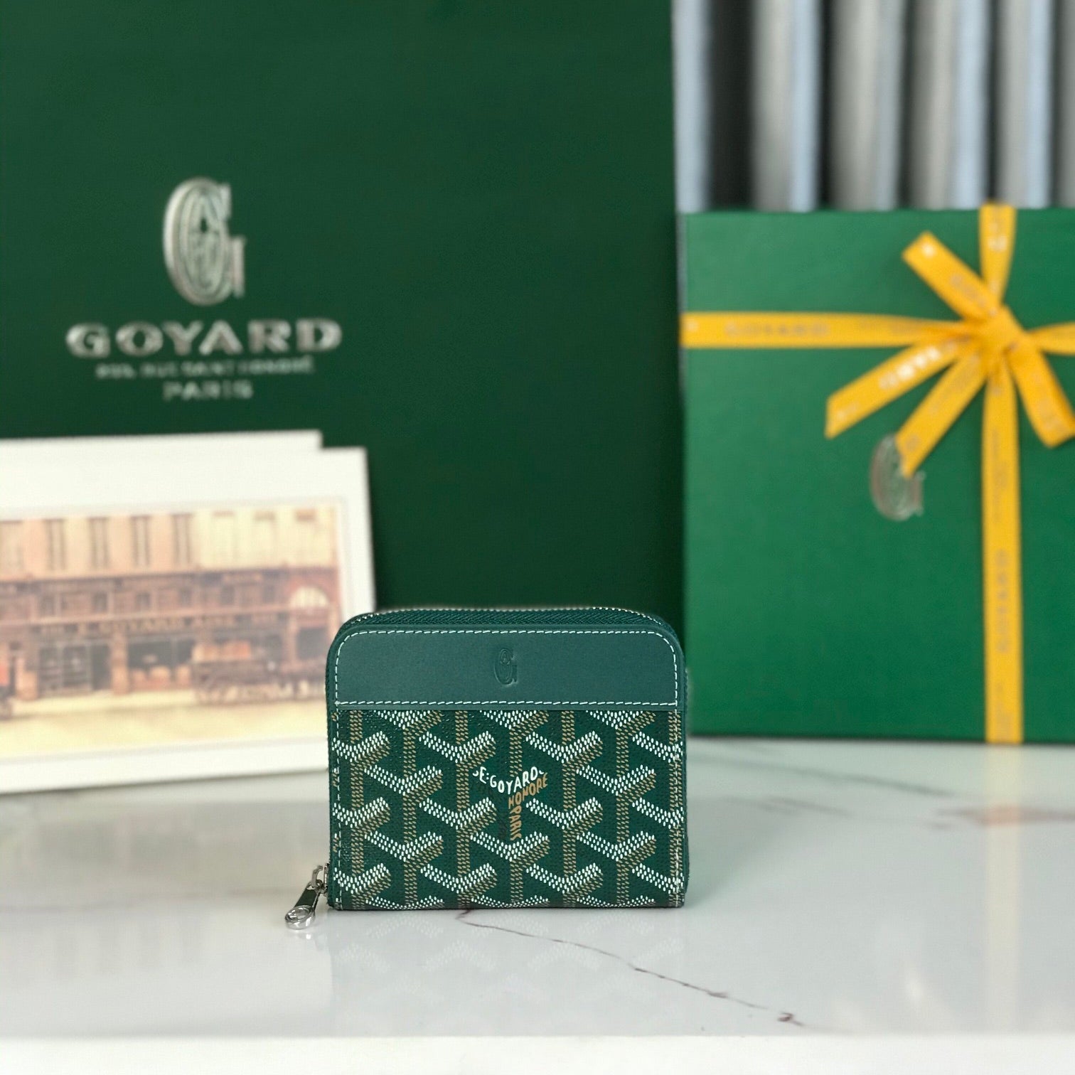 PORTEFEUILLE MINI MATIGNON 11 EN TOILE GOYARDINE VERTE ET CUIR DE VEAU
