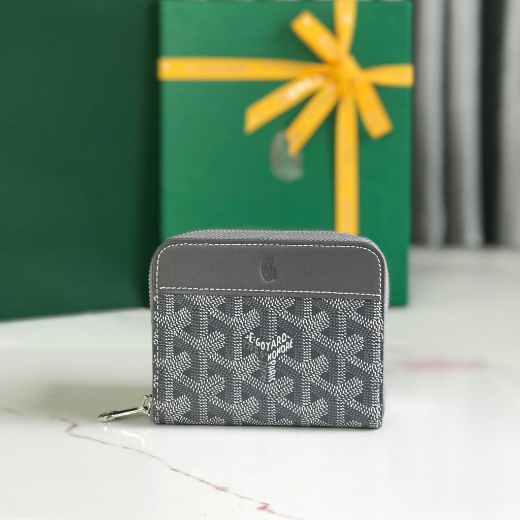PORTEFEUILLE MINI MATIGNON 11 EN TOILE GOYARDINE GRIS ET CUIR DE VEAU