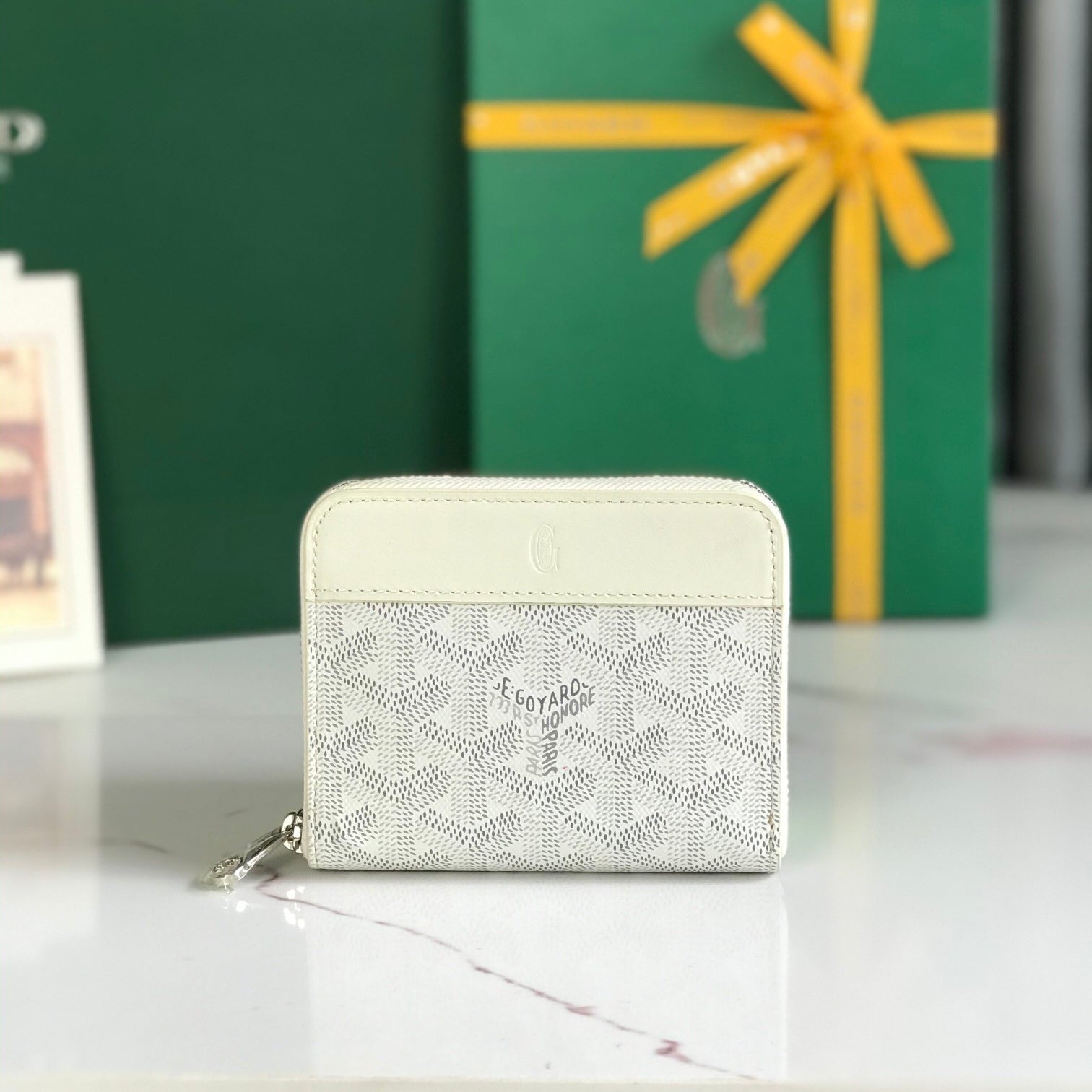 MATIGNON MINI PORTEFEUILLE 11 EN TOILE GOYARDINE BLANCHE ET CUIR DE VEAU