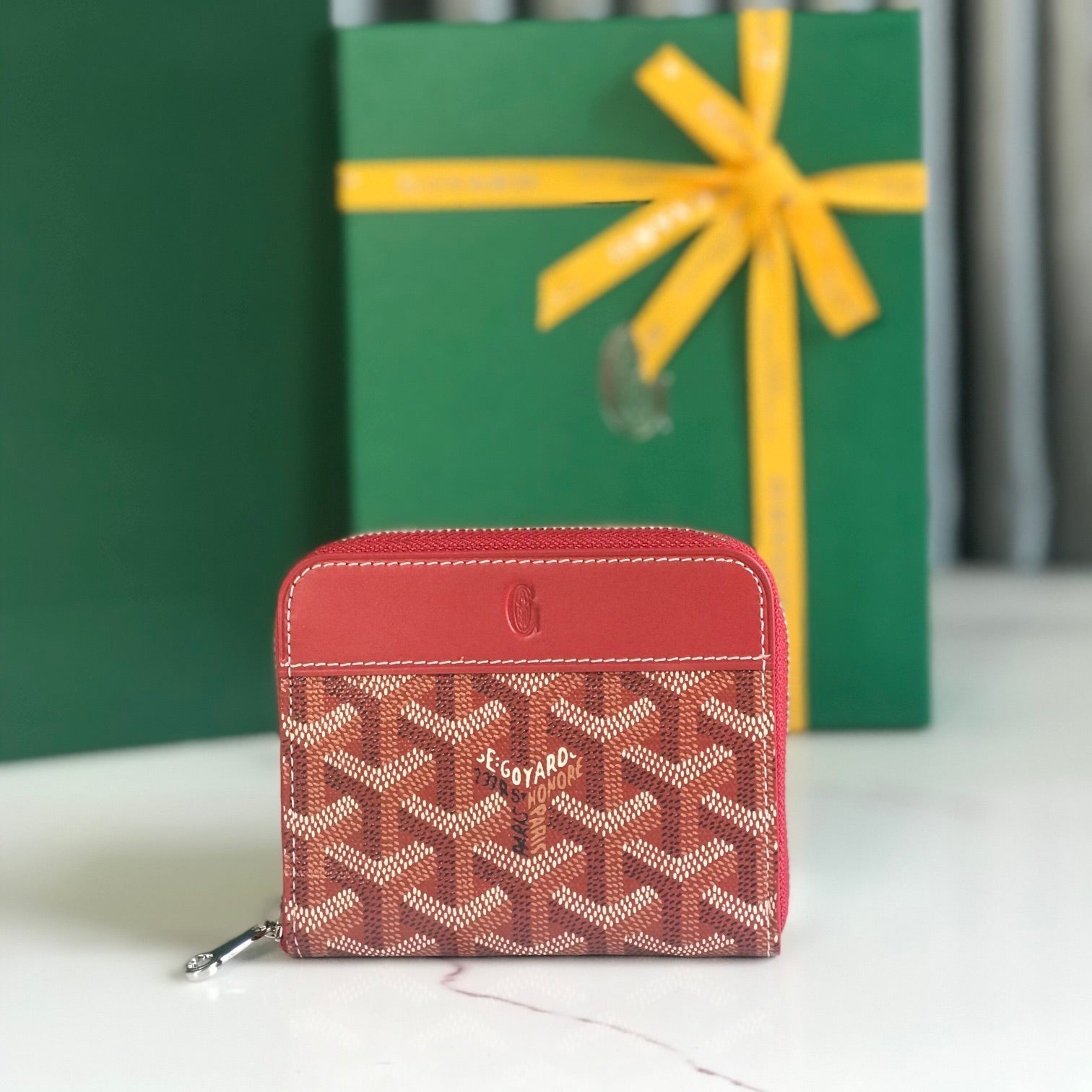 MATIGNON MINI PORTEFEUILLE 11 EN TOILE GOYARDINE ROUGE CLASSIQUE ET CUIR DE VEAU