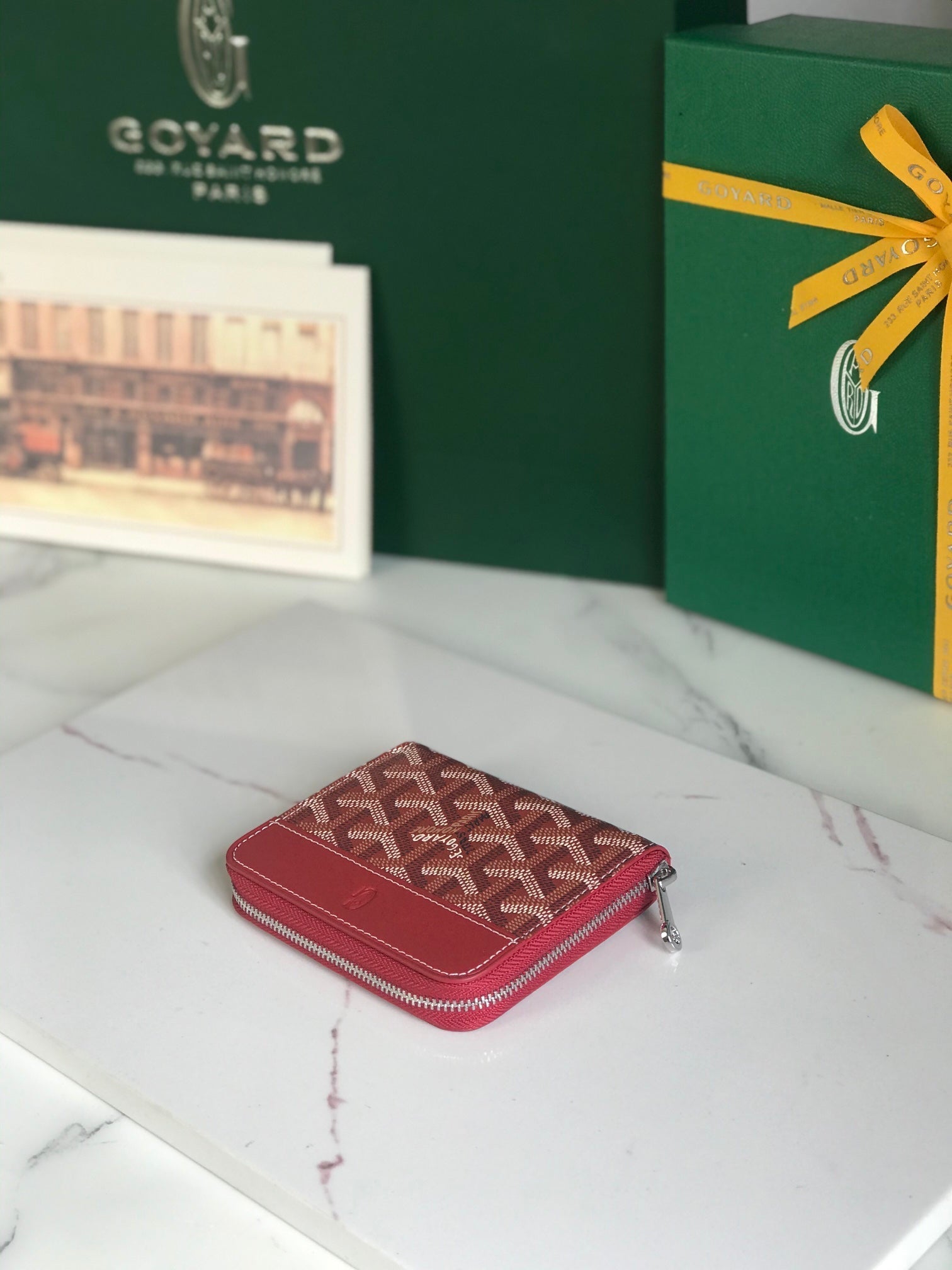 MATIGNON MINI PORTEFEUILLE 11 EN TOILE GOYARDINE ROUGE CLASSIQUE ET CUIR DE VEAU