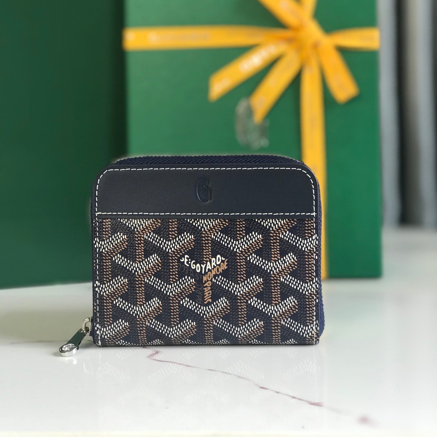PORTEFEUILLE MINI MATIGNON 11 EN TOILE GOYARDINE ET CUIR DE VEAU BLEU MARINE