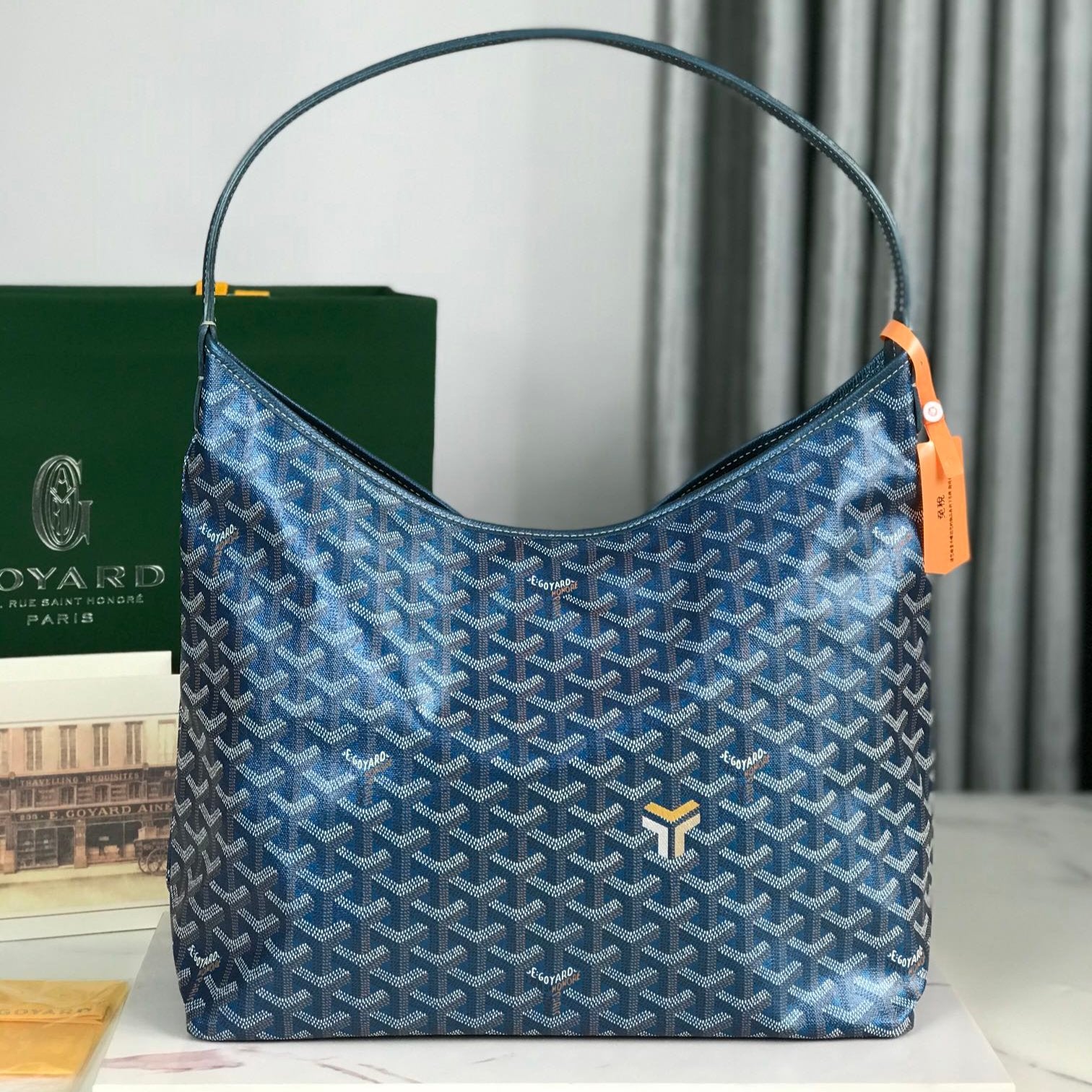 BOHÈME HOBO BAG 42CM DEEP BLUE CANVAS CHEVROCHES CALFSKIN