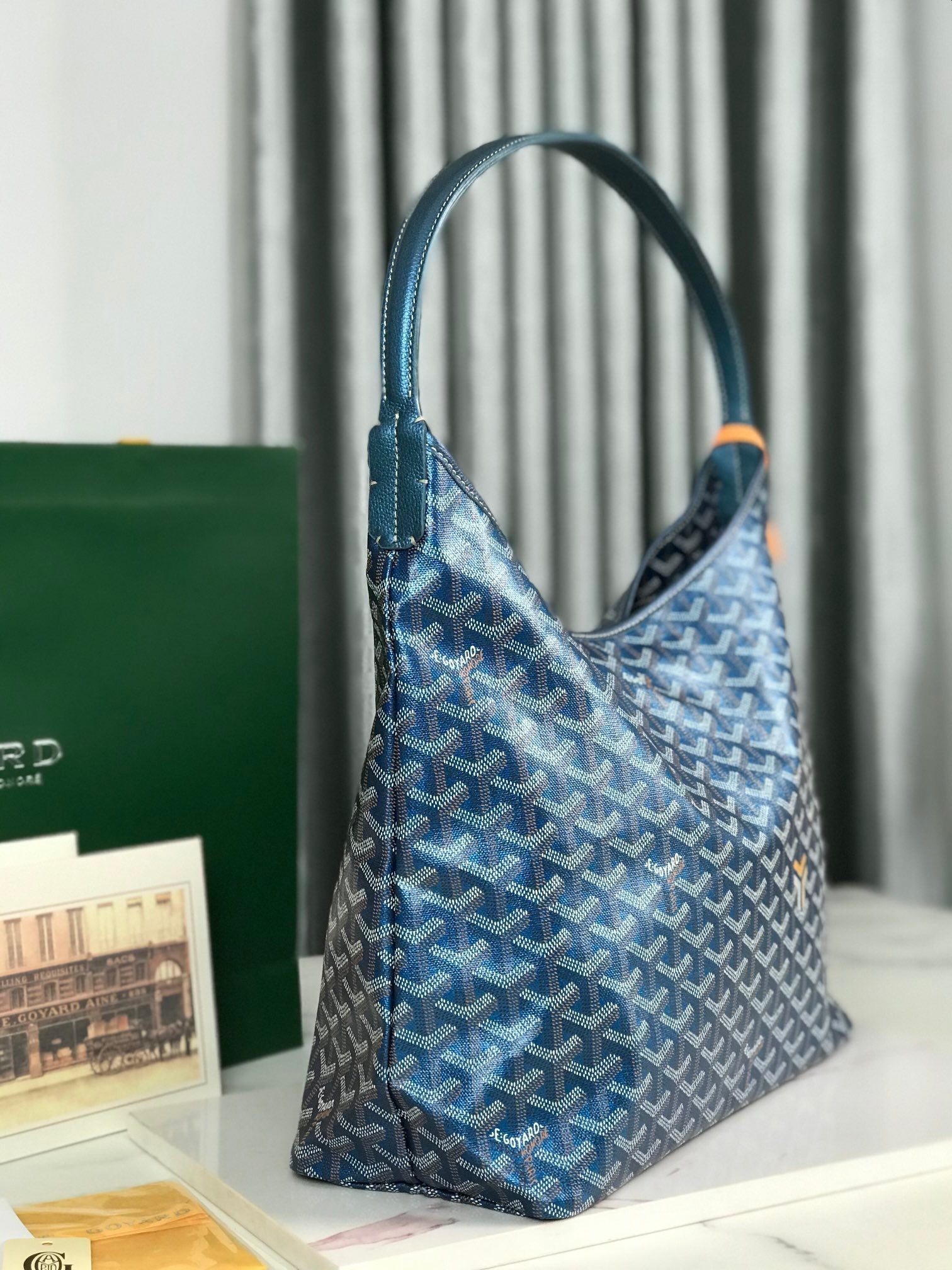 BOHÈME HOBO BAG 42CM DEEP BLUE CANVAS CHEVROCHES CALFSKIN