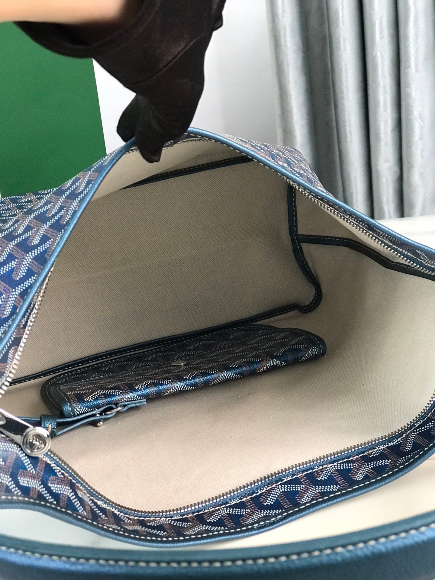 BOHÈME HOBO BAG 42CM DEEP BLUE CANVAS CHEVROCHES CALFSKIN