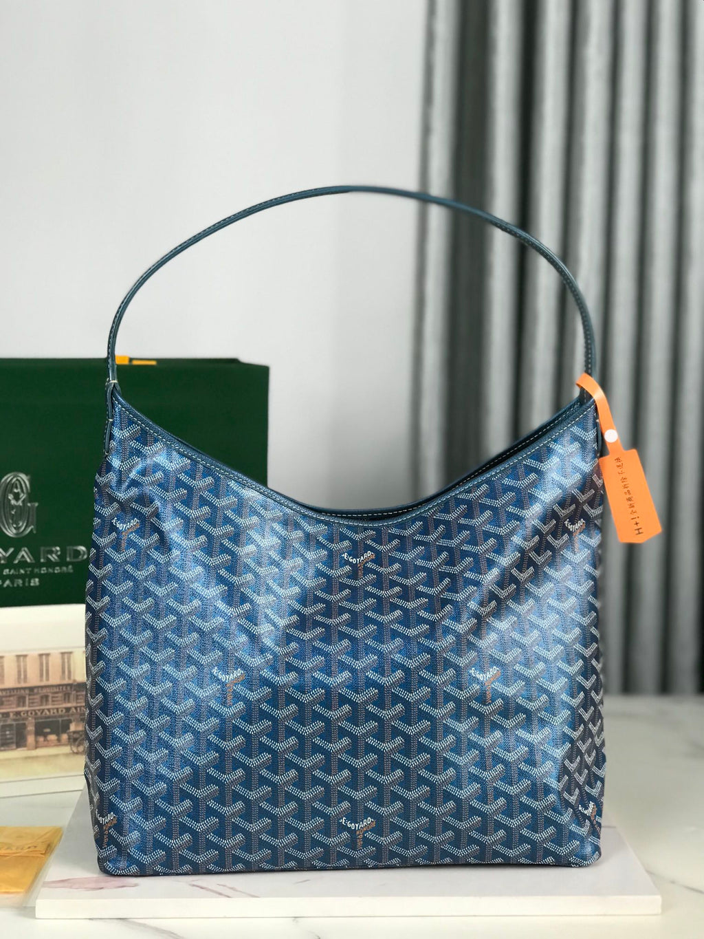 BOHÈME HOBO BAG 42CM DEEP BLUE CANVAS CHEVROCHES CALFSKIN