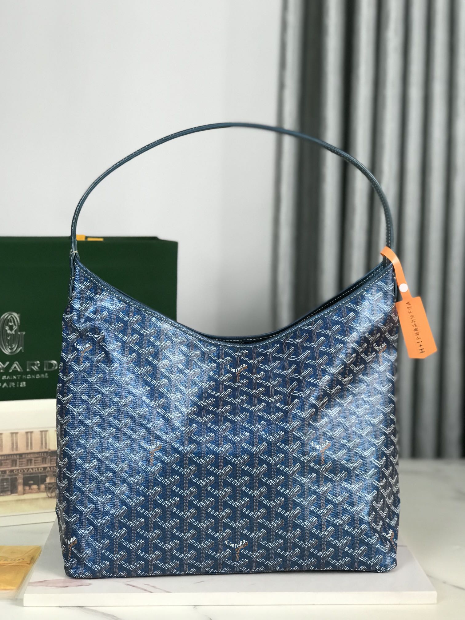 BOHÈME HOBO BAG 42CM DEEP BLUE CANVAS CHEVROCHES CALFSKIN