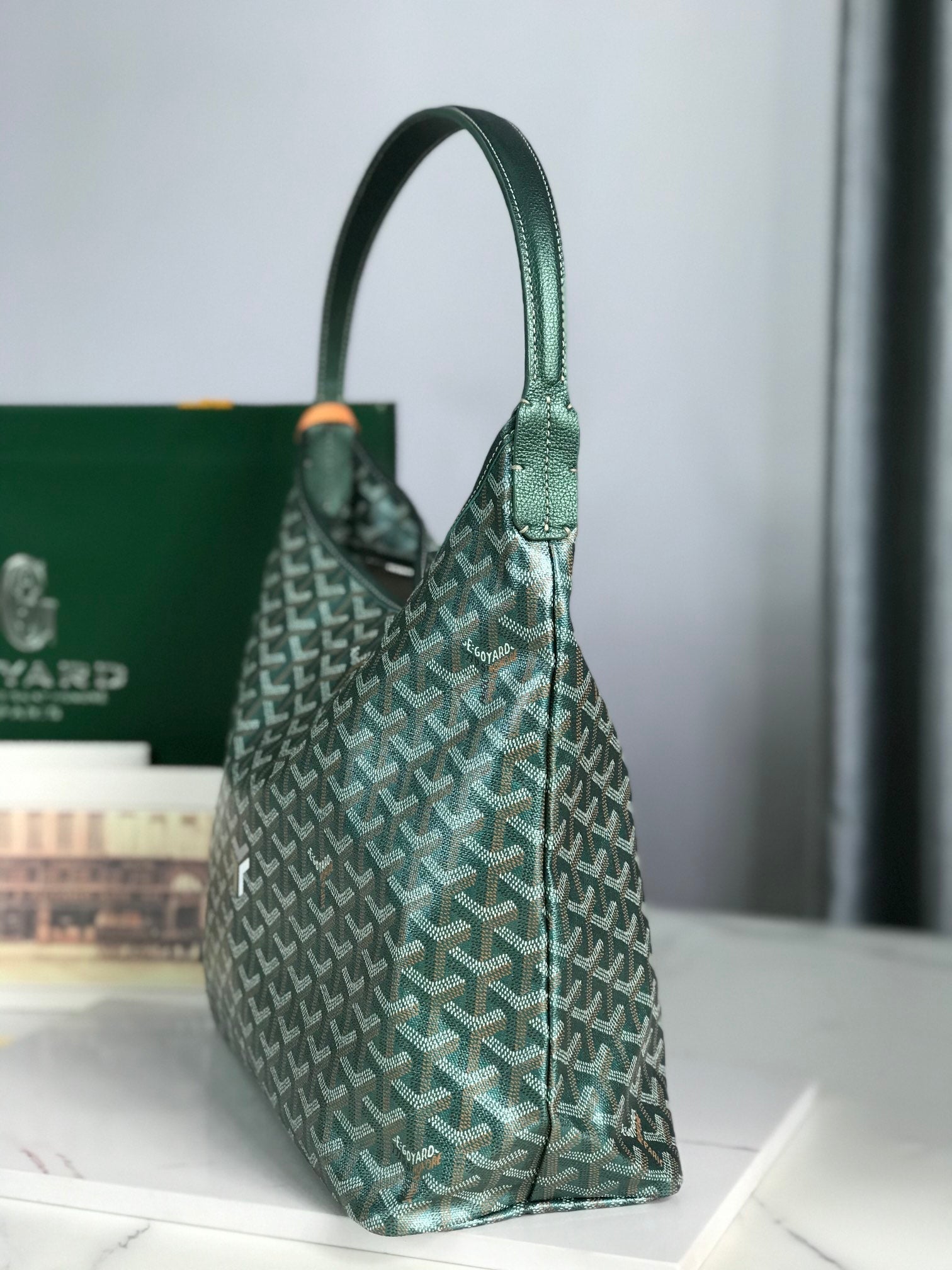 BOHÈME HOBO BAG 42CM GREEN CANVAS CHEVROCHES CALFSKIN