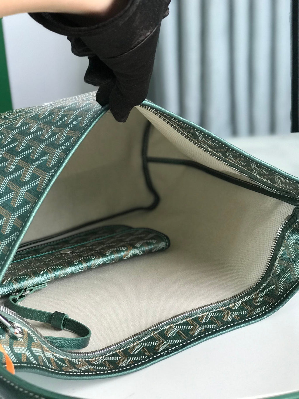 BOHÈME HOBO BAG 42CM GREEN CANVAS CHEVROCHES CALFSKIN