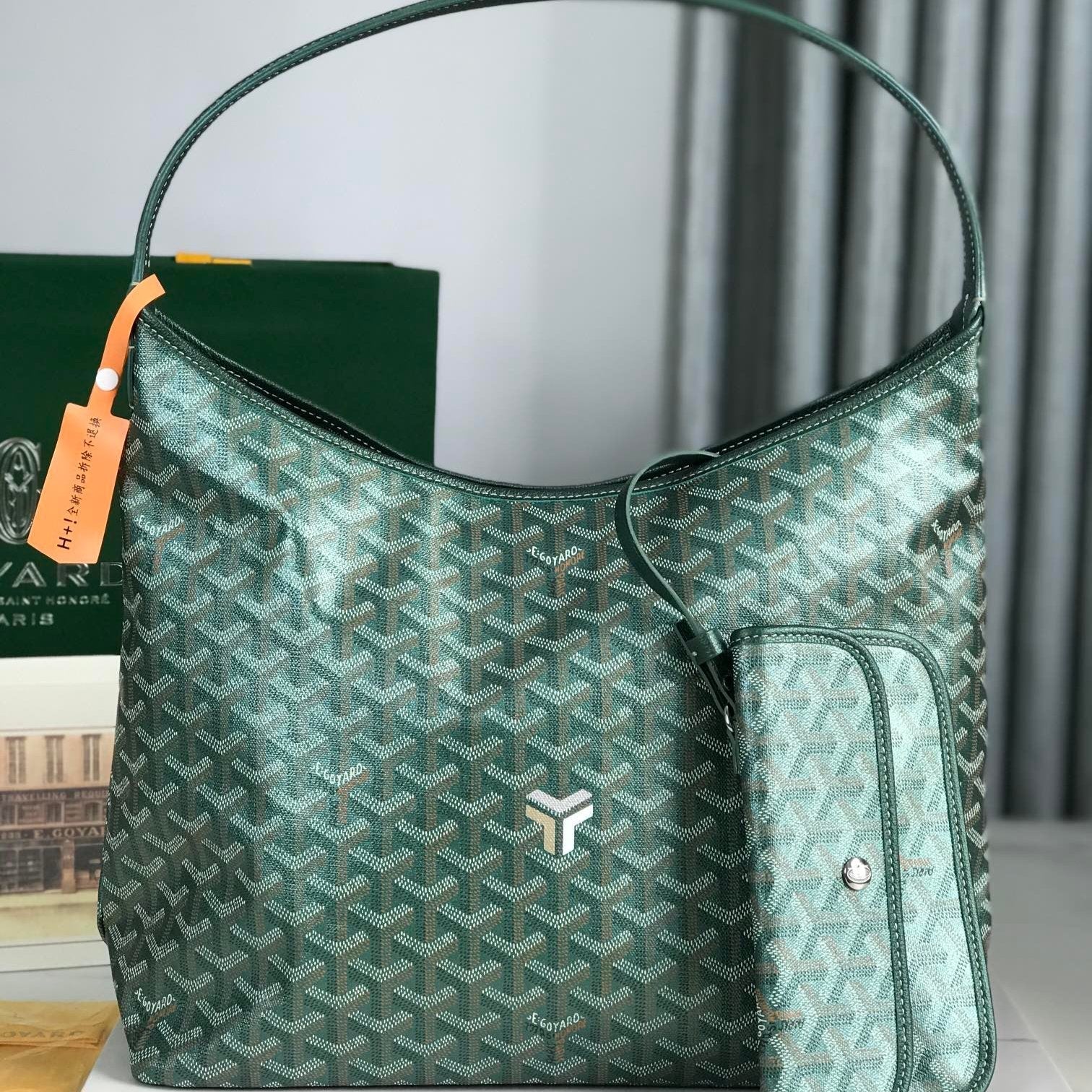 BOHÈME HOBO BAG 42CM GREEN CANVAS CHEVROCHES CALFSKIN
