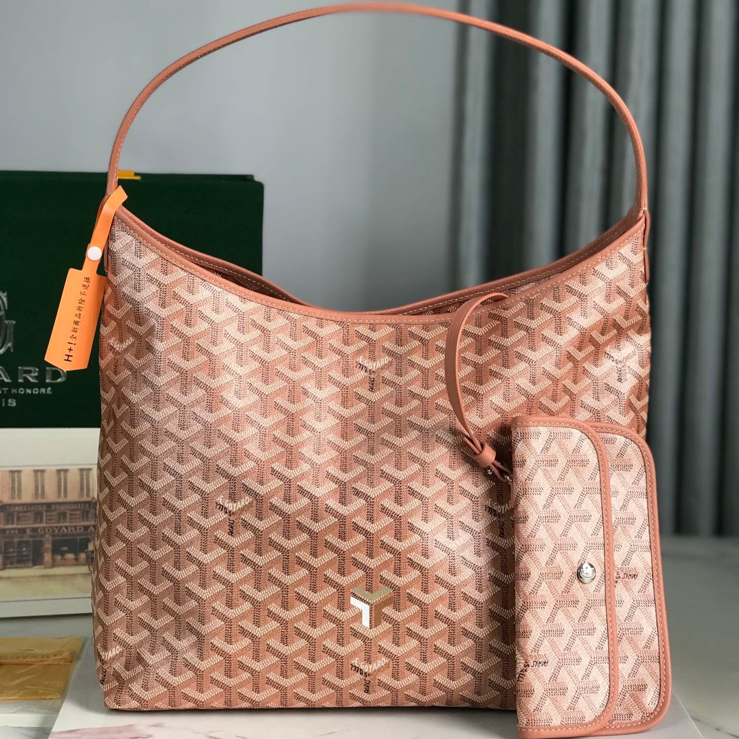 BOHÈME HOBO BAG 42CM PINK CANVAS CHEVROCHES CALFSKIN