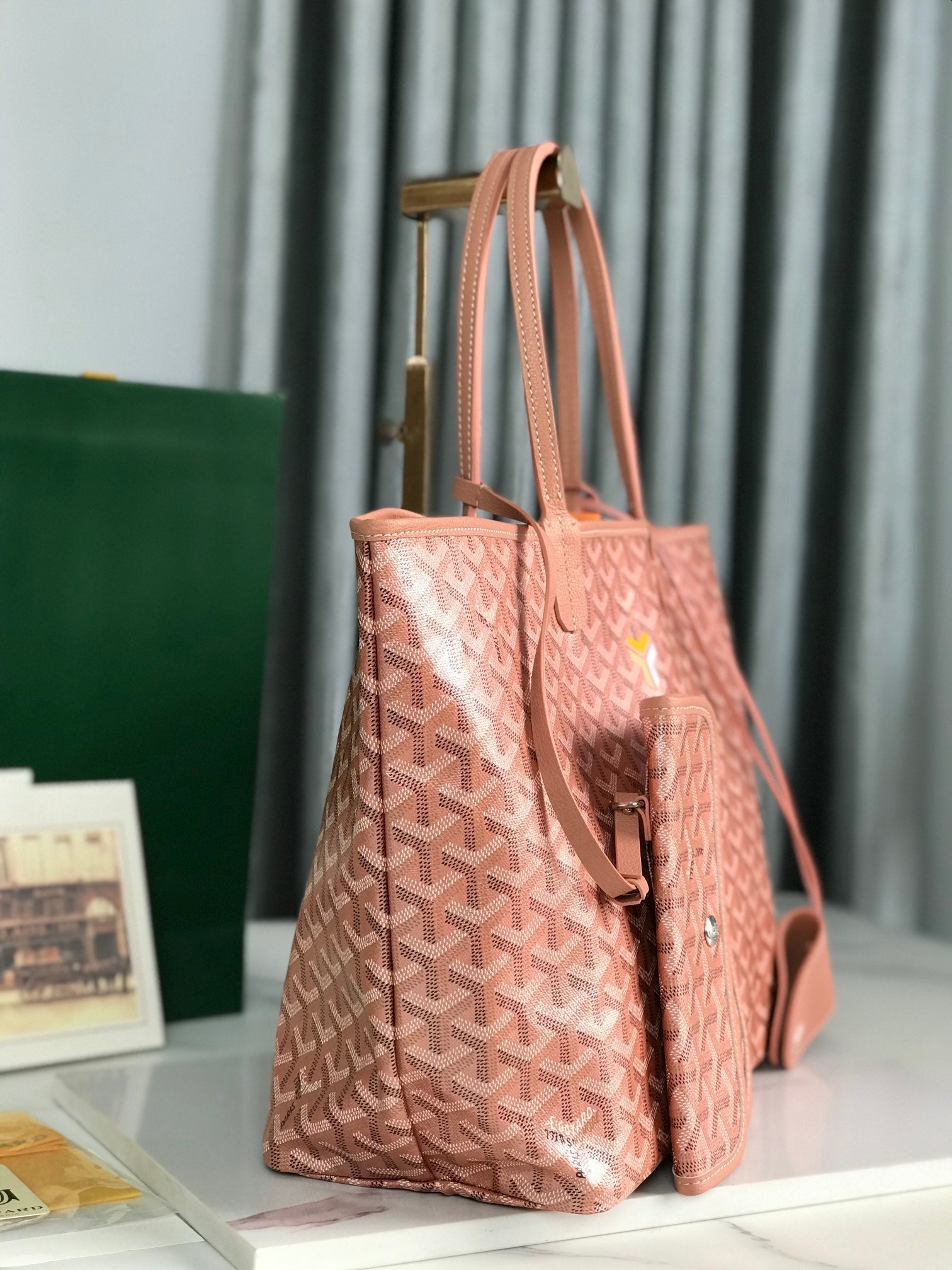 SAINT LOUIS PM BAG 34CM IN PINK CANVAS CHEVROCHES CALFSKIN