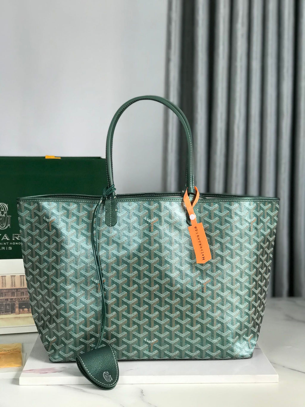 SAINT LOUIS PM BAG 34CM IN GREEN CANVAS CHEVROCHES CALFSKIN