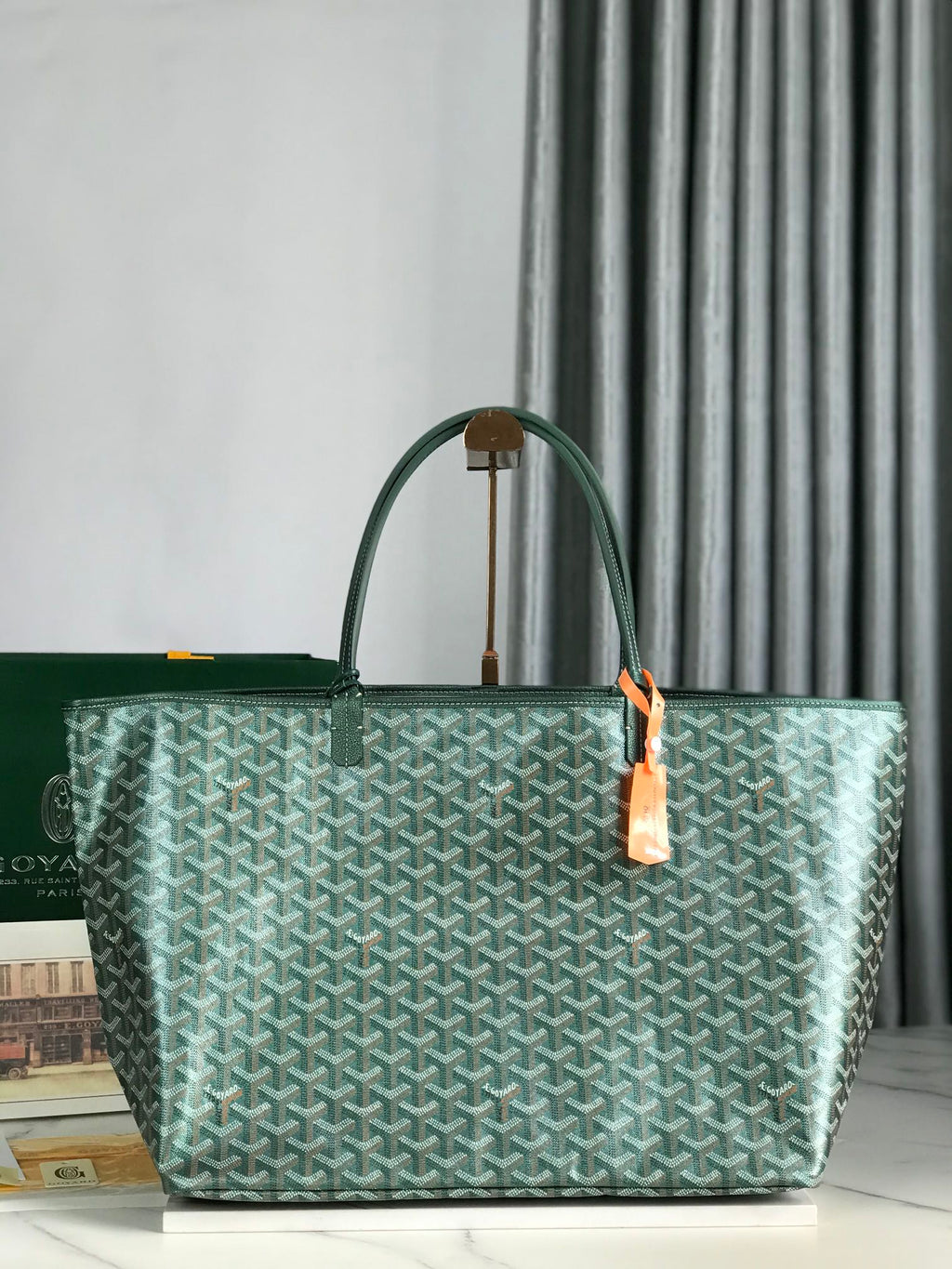 SAINT LOUIS GM BAG 40CM IN GREEN CANVAS CHEVROCHES CALFSKIN