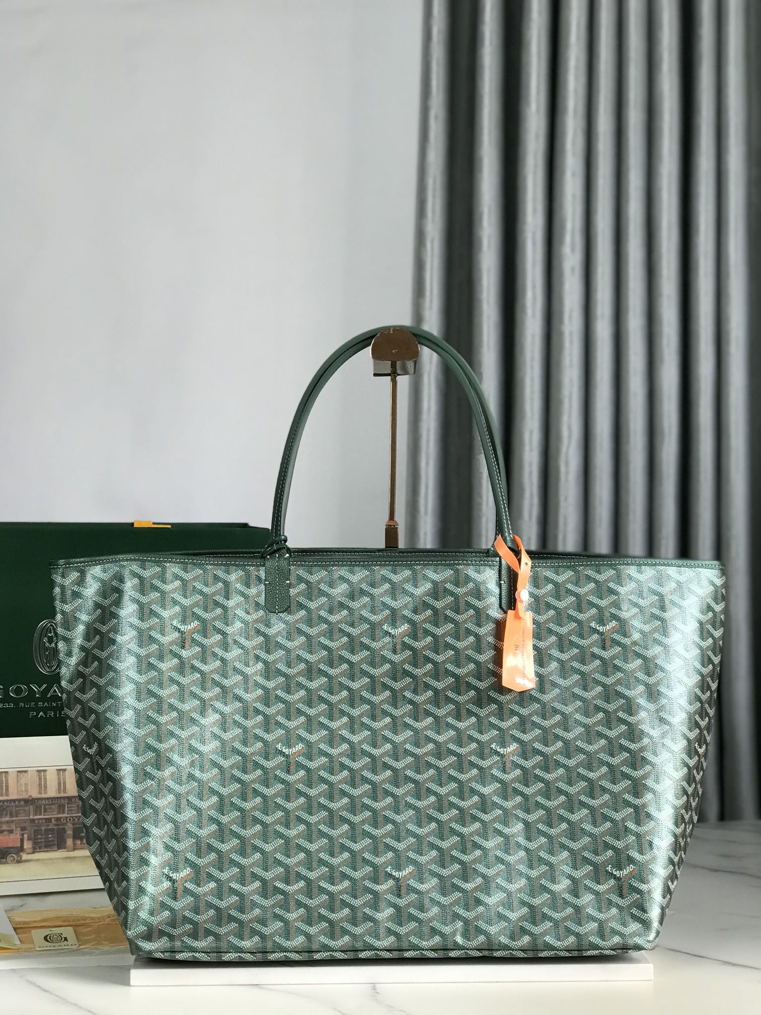 SAINT LOUIS GM BAG 40CM IN GREEN CANVAS CHEVROCHES CALFSKIN