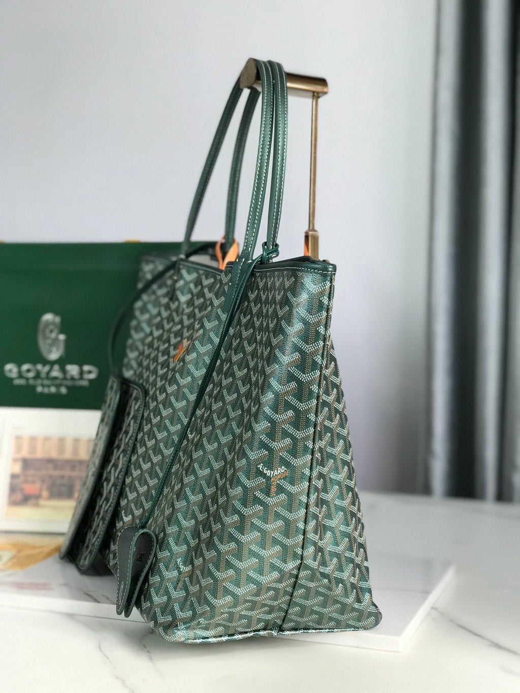SAINT LOUIS GM BAG 40CM IN GREEN CANVAS CHEVROCHES CALFSKIN