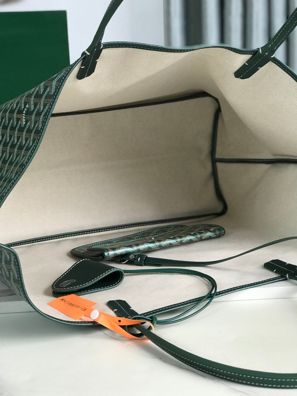 SAINT LOUIS GM BAG 40CM IN GREEN CANVAS CHEVROCHES CALFSKIN