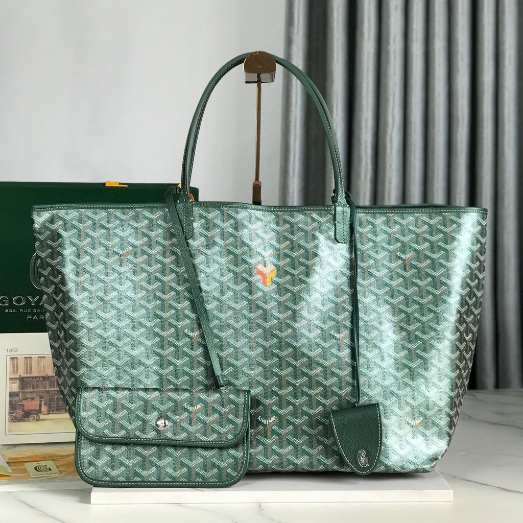 SAINT LOUIS GM BAG 40CM IN GREEN CANVAS CHEVROCHES CALFSKIN
