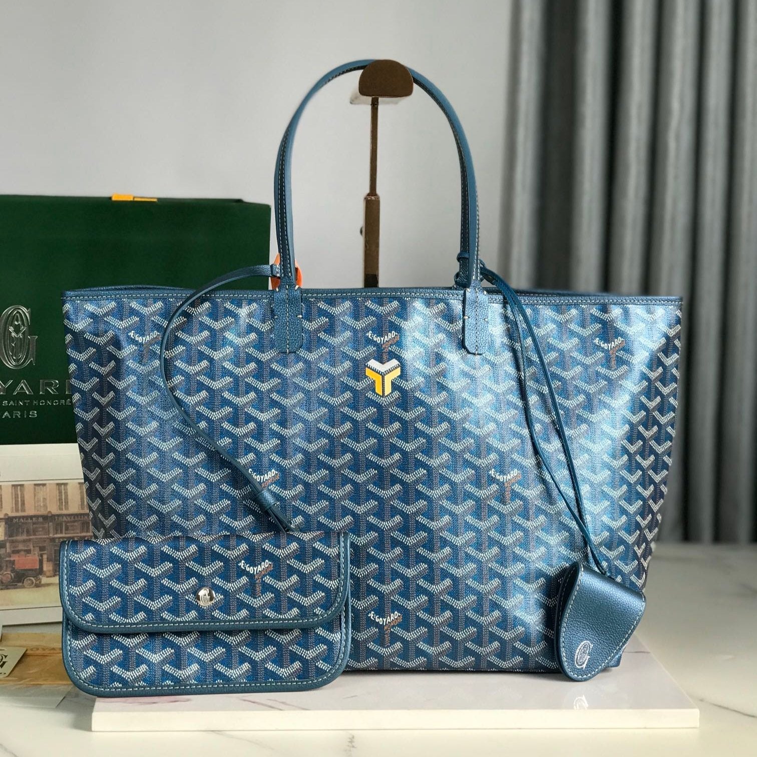 SAINT LOUIS PM BAG 34CM IN DEEP BLUE CANVAS CHEVROCHES CALFSKIN