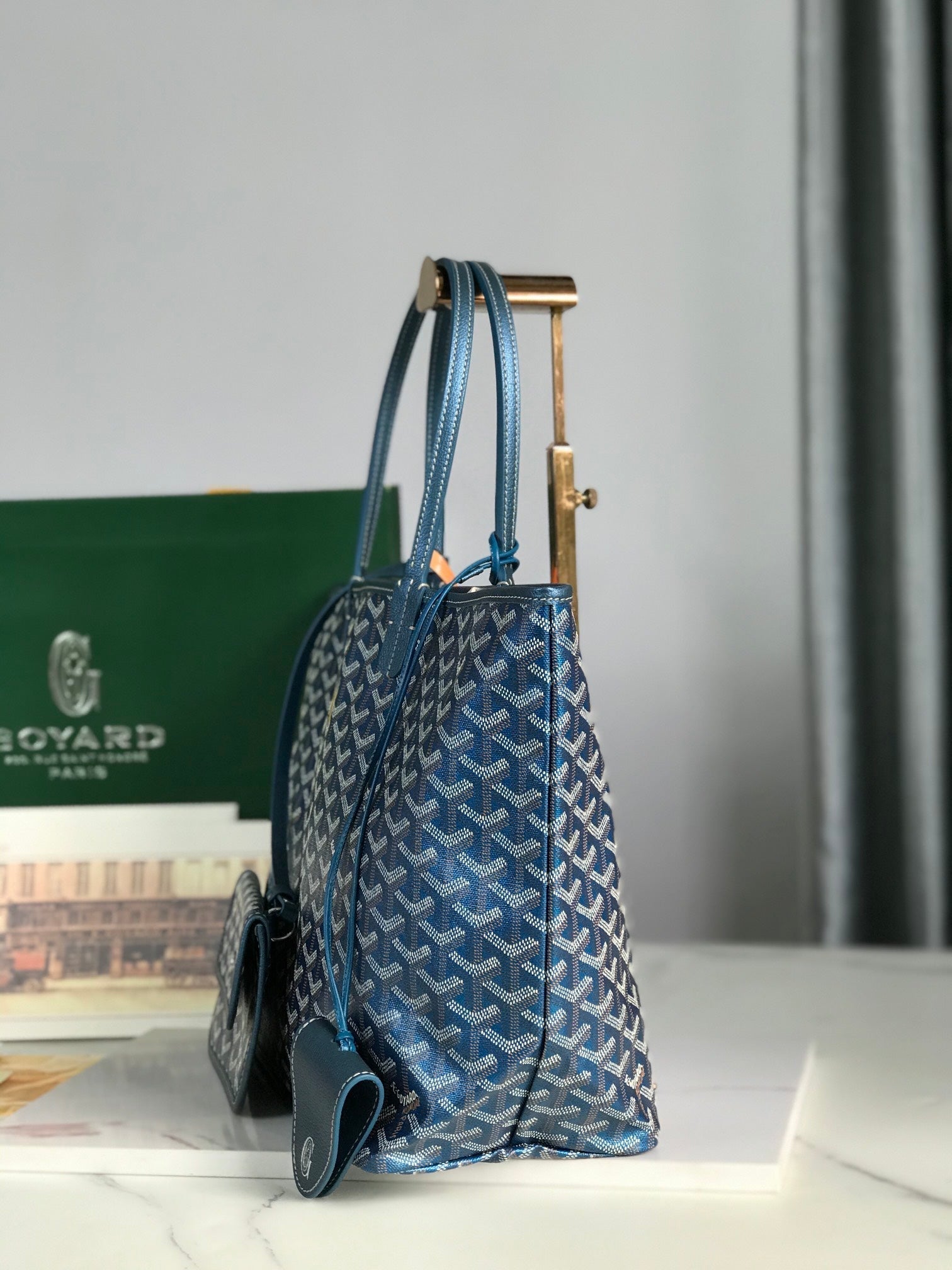 SAINT LOUIS PM BAG 34CM IN DEEP BLUE CANVAS CHEVROCHES CALFSKIN