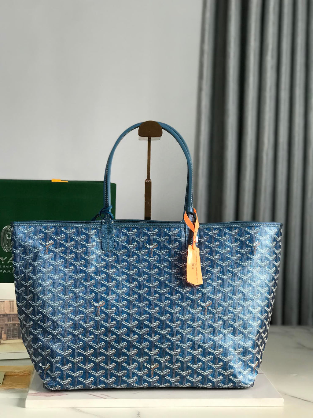 SAINT LOUIS PM BAG 34CM IN DEEP BLUE CANVAS CHEVROCHES CALFSKIN