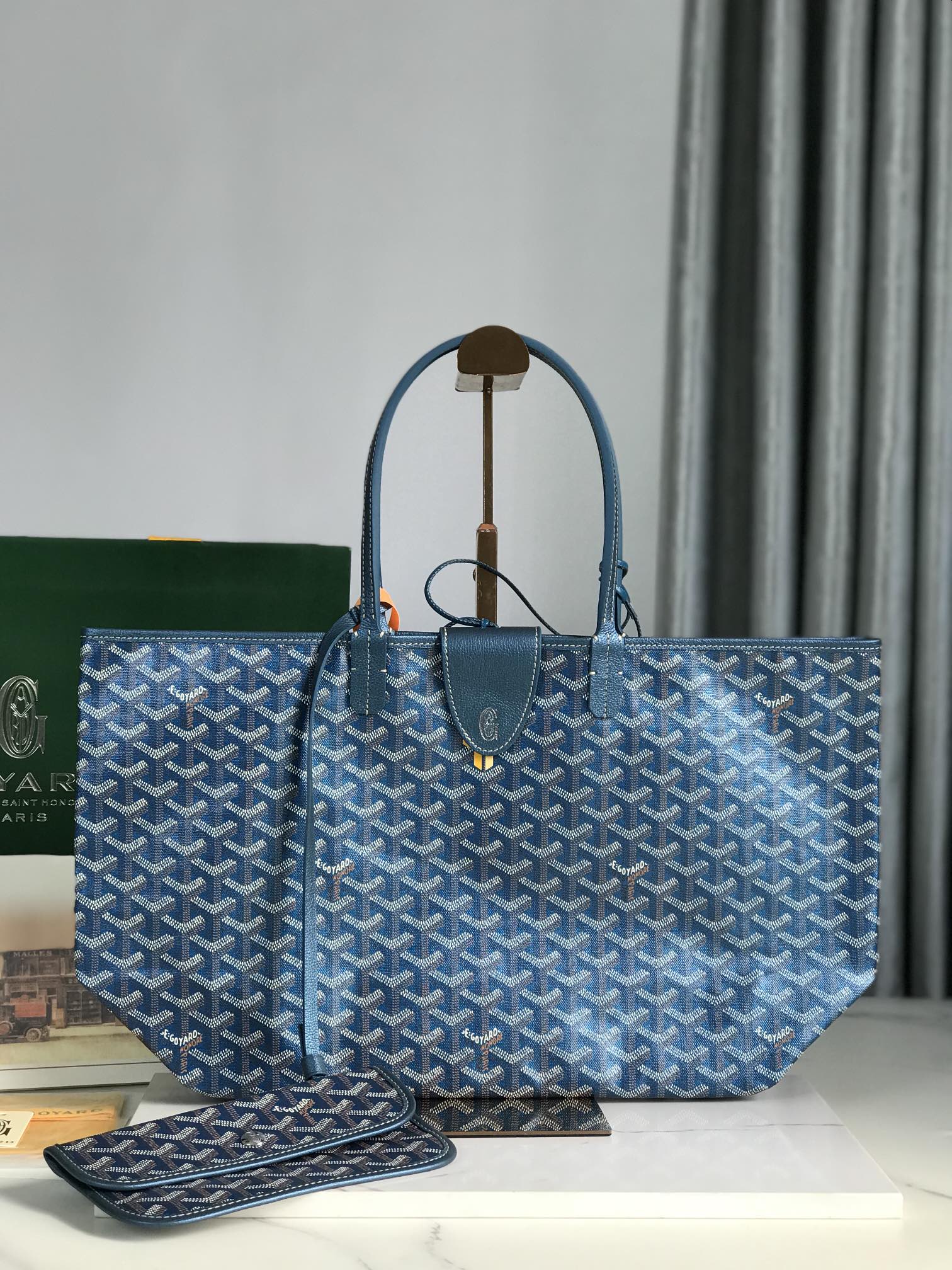 SAINT LOUIS PM BAG 34CM IN DEEP BLUE CANVAS CHEVROCHES CALFSKIN