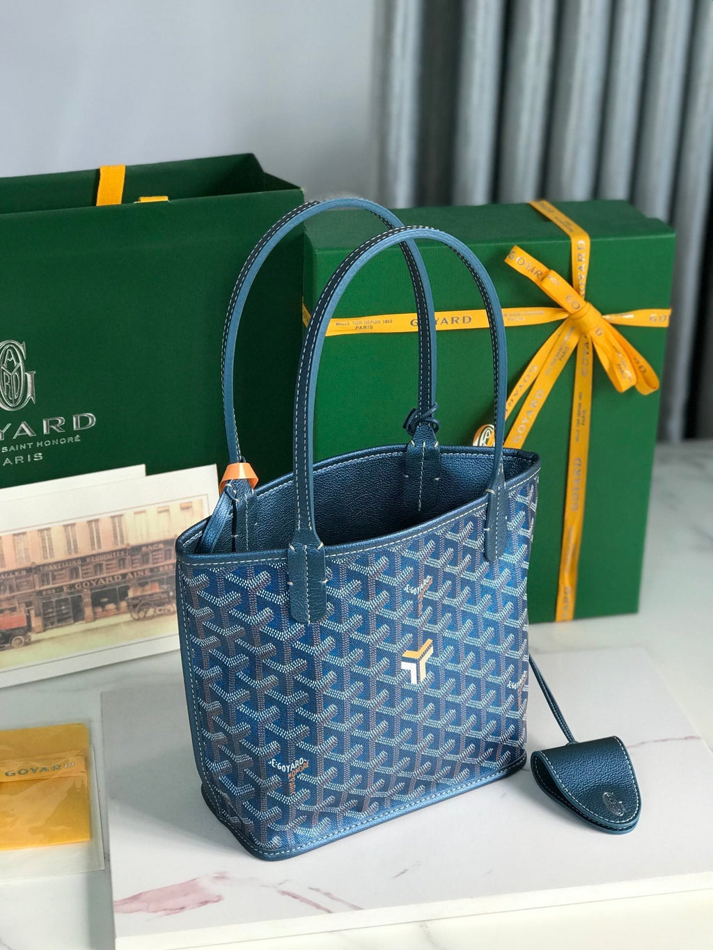 SAC ANJOU MINI 20 EN CUIR DE VEAU BLEU MARINE ET TOILE GOYARDINE