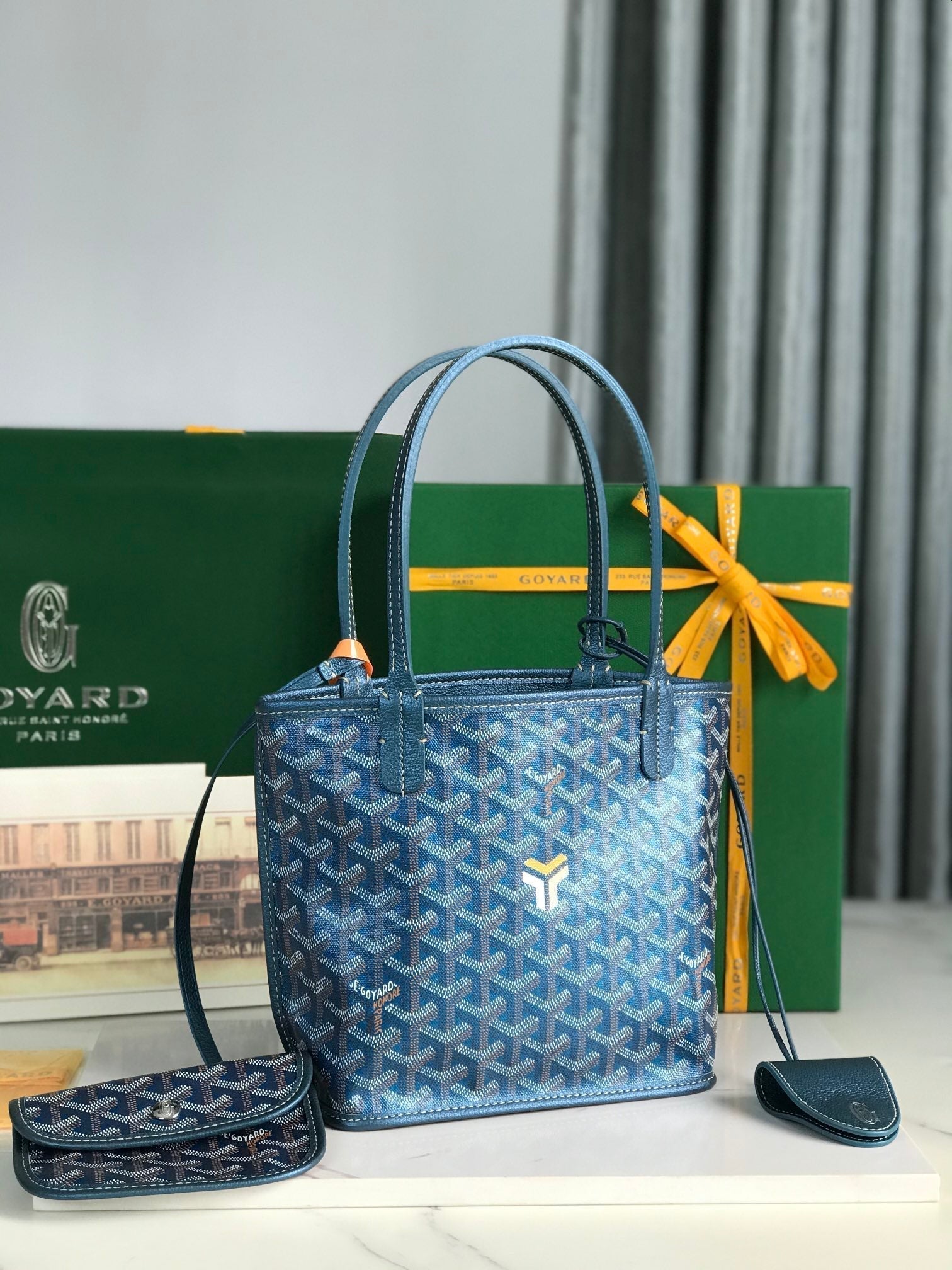 ANJOU MINI BAG 20CM DEEP BLUE CANVAS CHEVROCHES CALFSKIN