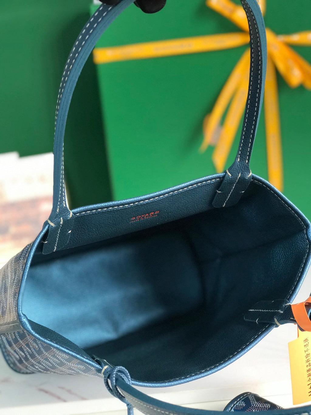 ANJOU MINI BAG 20CM DEEP BLUE CANVAS CHEVROCHES CALFSKIN