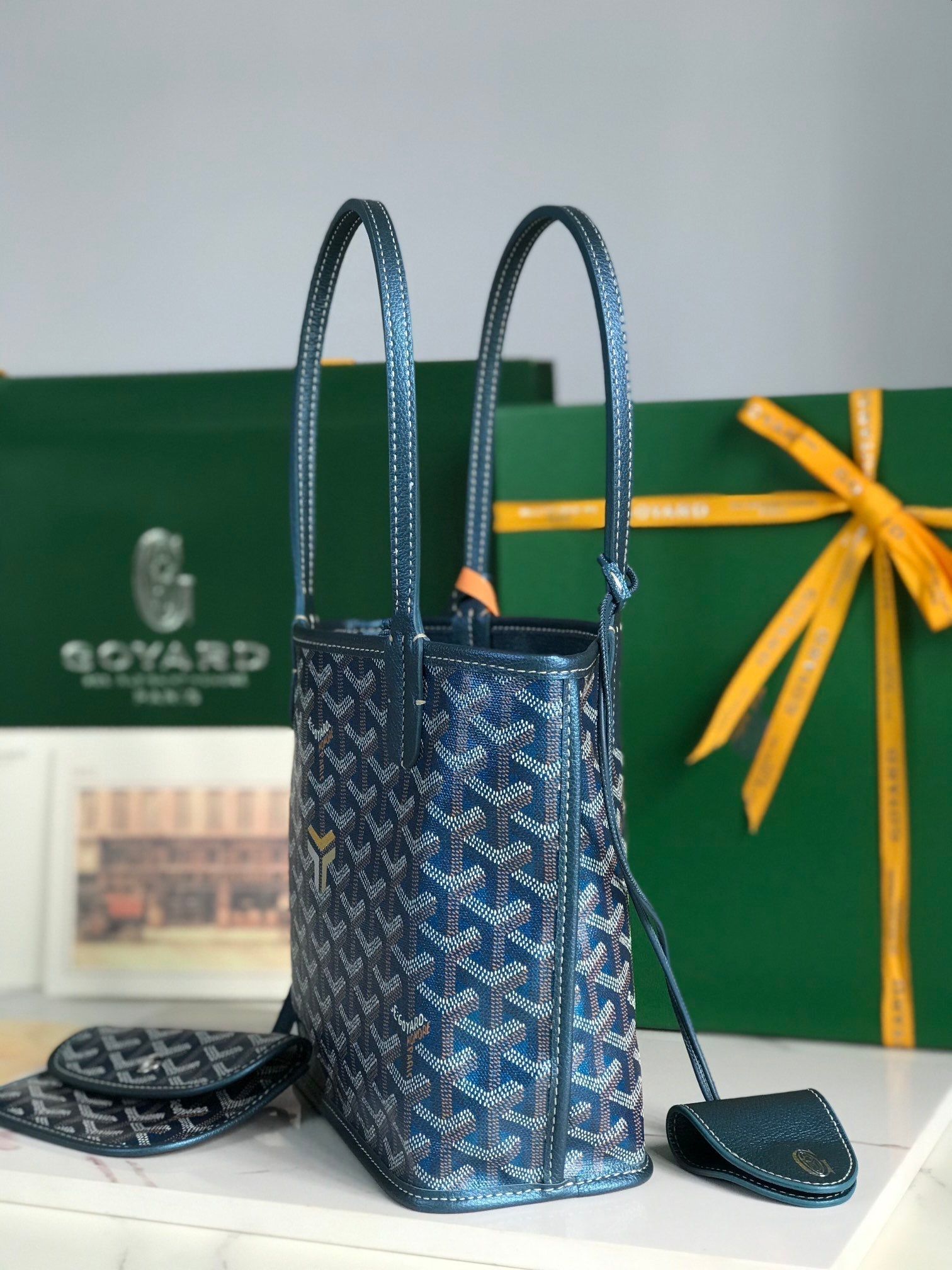 ANJOU MINI BAG 20CM DEEP BLUE CANVAS CHEVROCHES CALFSKIN