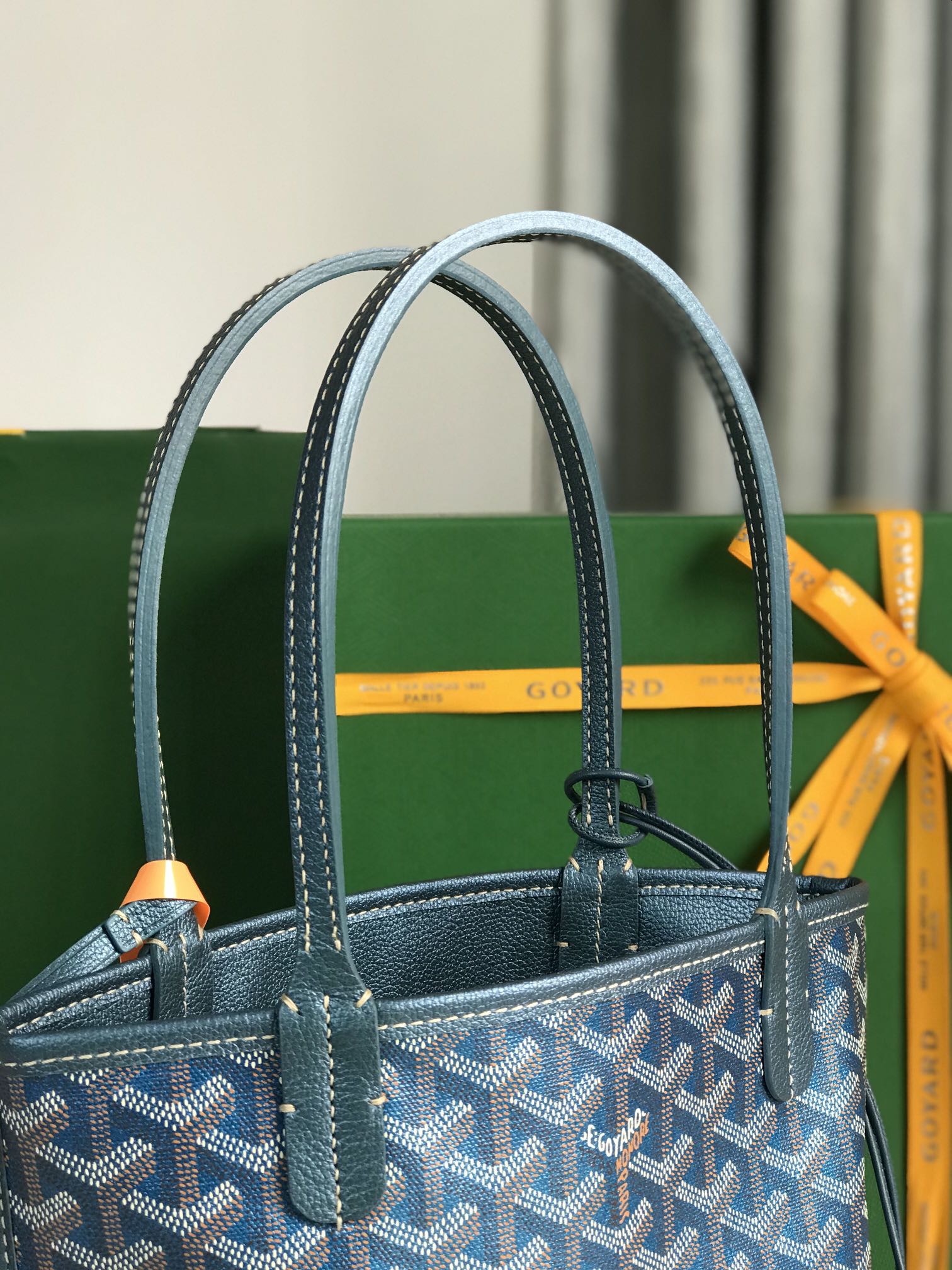 ANJOU MINI BAG 20CM DEEP BLUE CANVAS CHEVROCHES CALFSKIN
