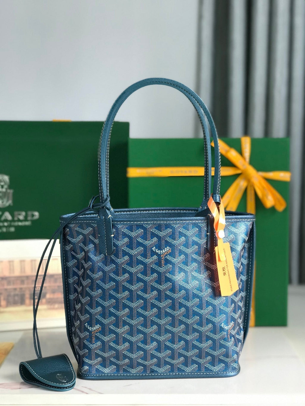 ANJOU MINI BAG 20CM DEEP BLUE CANVAS CHEVROCHES CALFSKIN