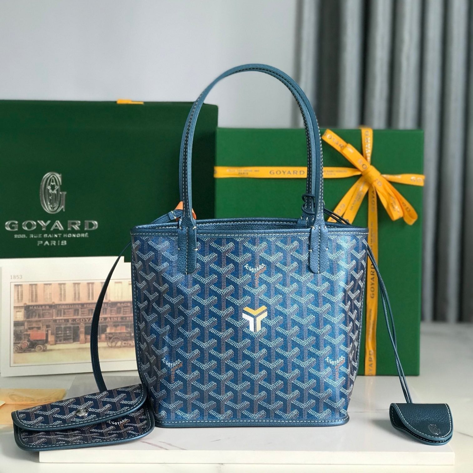 ANJOU MINI BAG 20CM DEEP BLUE CANVAS CHEVROCHES CALFSKIN
