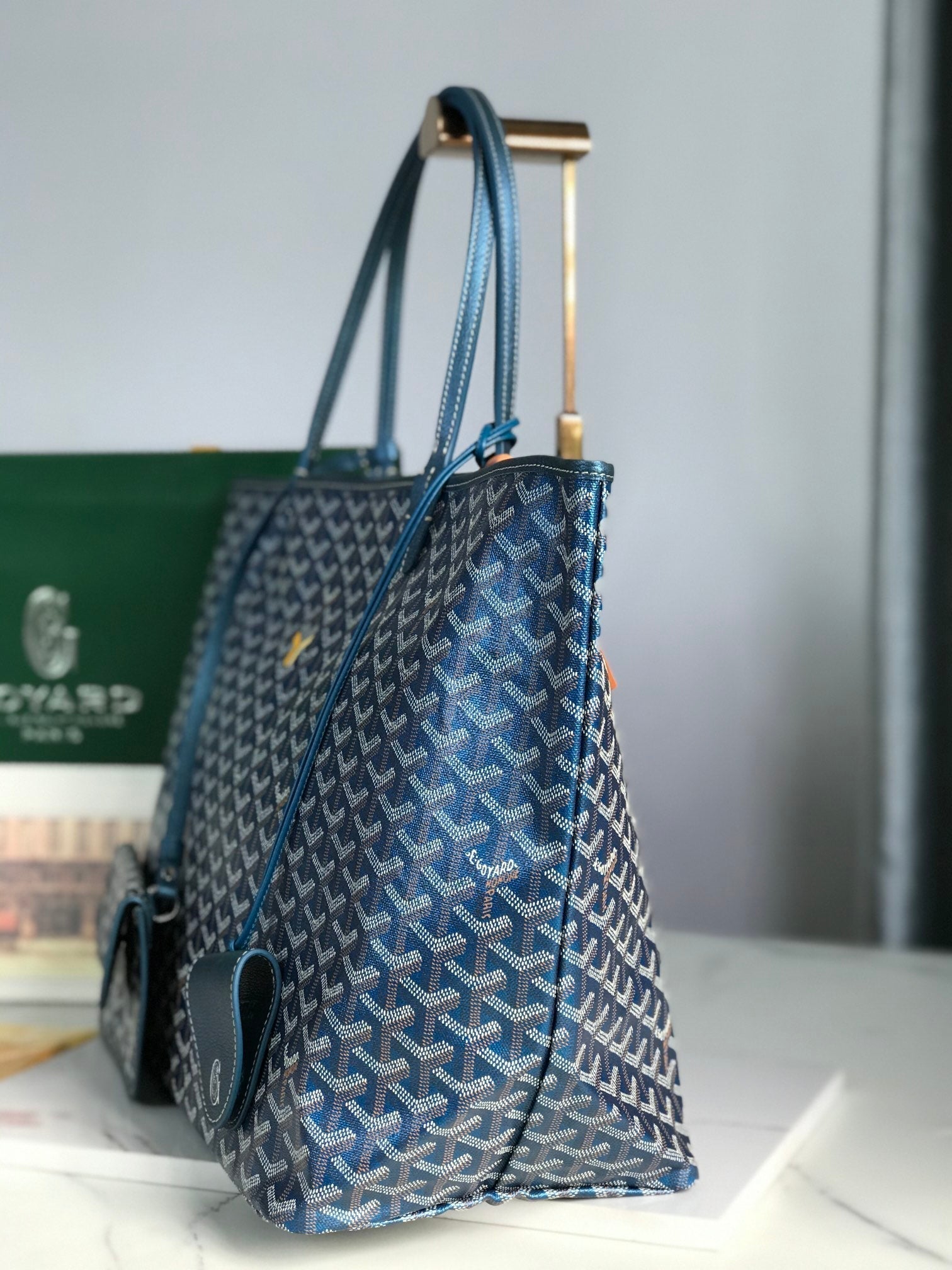 SAINT LOUIS GM BAG 40CM IN DEEP BLUE CANVAS CHEVROCHES CALFSKIN