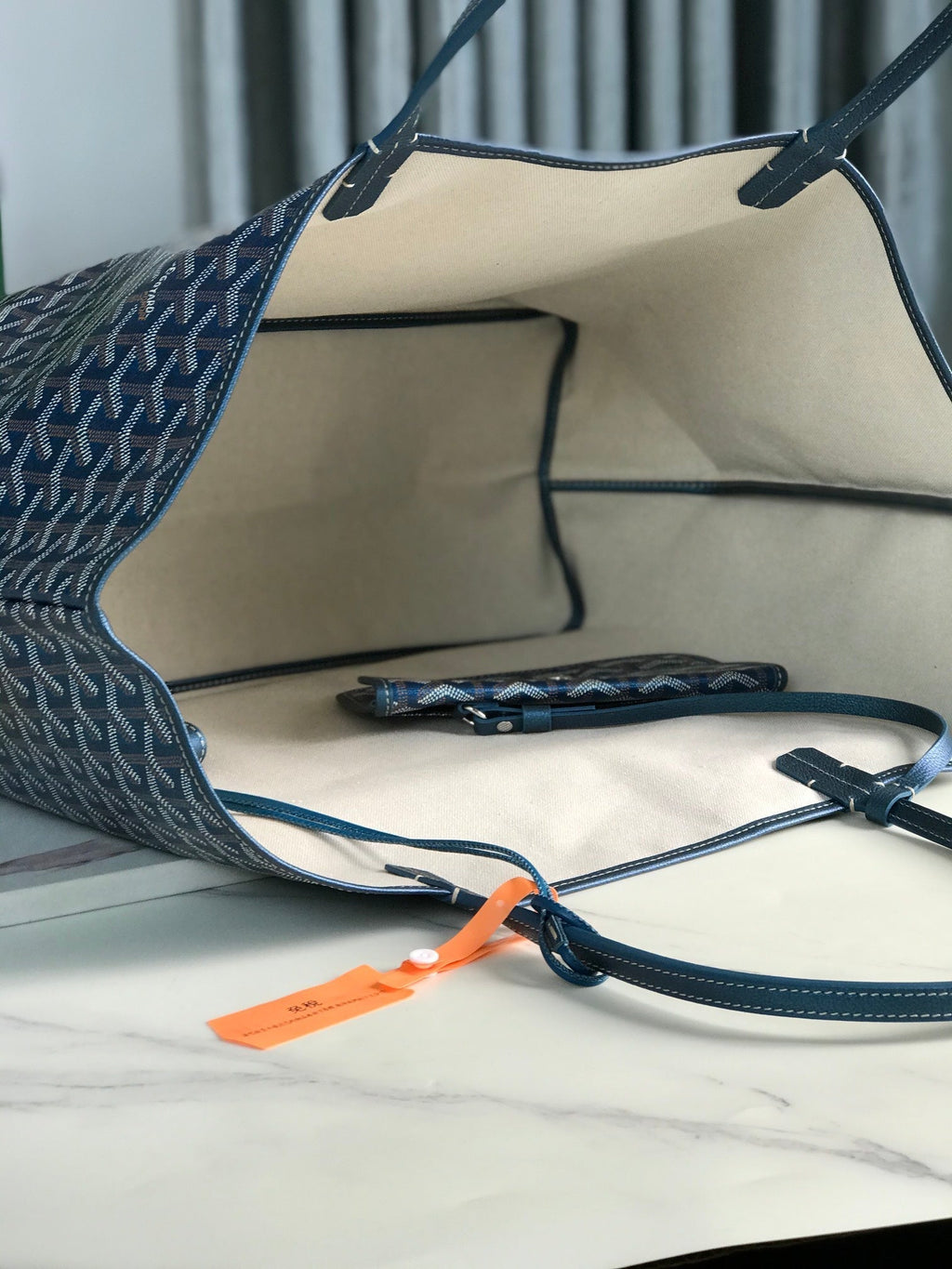 SAINT LOUIS GM BAG 40CM IN DEEP BLUE CANVAS CHEVROCHES CALFSKIN