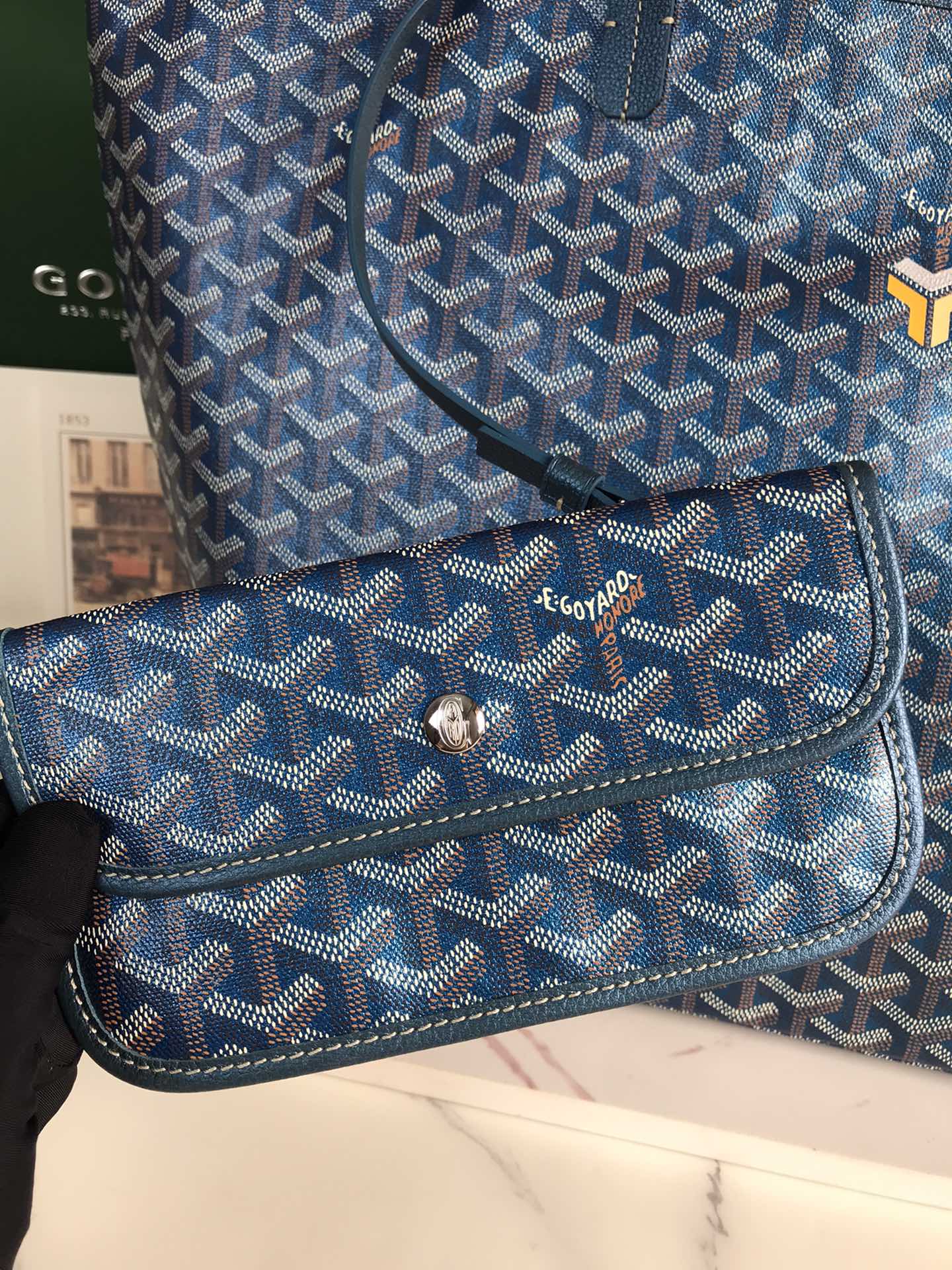 SAINT LOUIS GM BAG 40CM IN DEEP BLUE CANVAS CHEVROCHES CALFSKIN