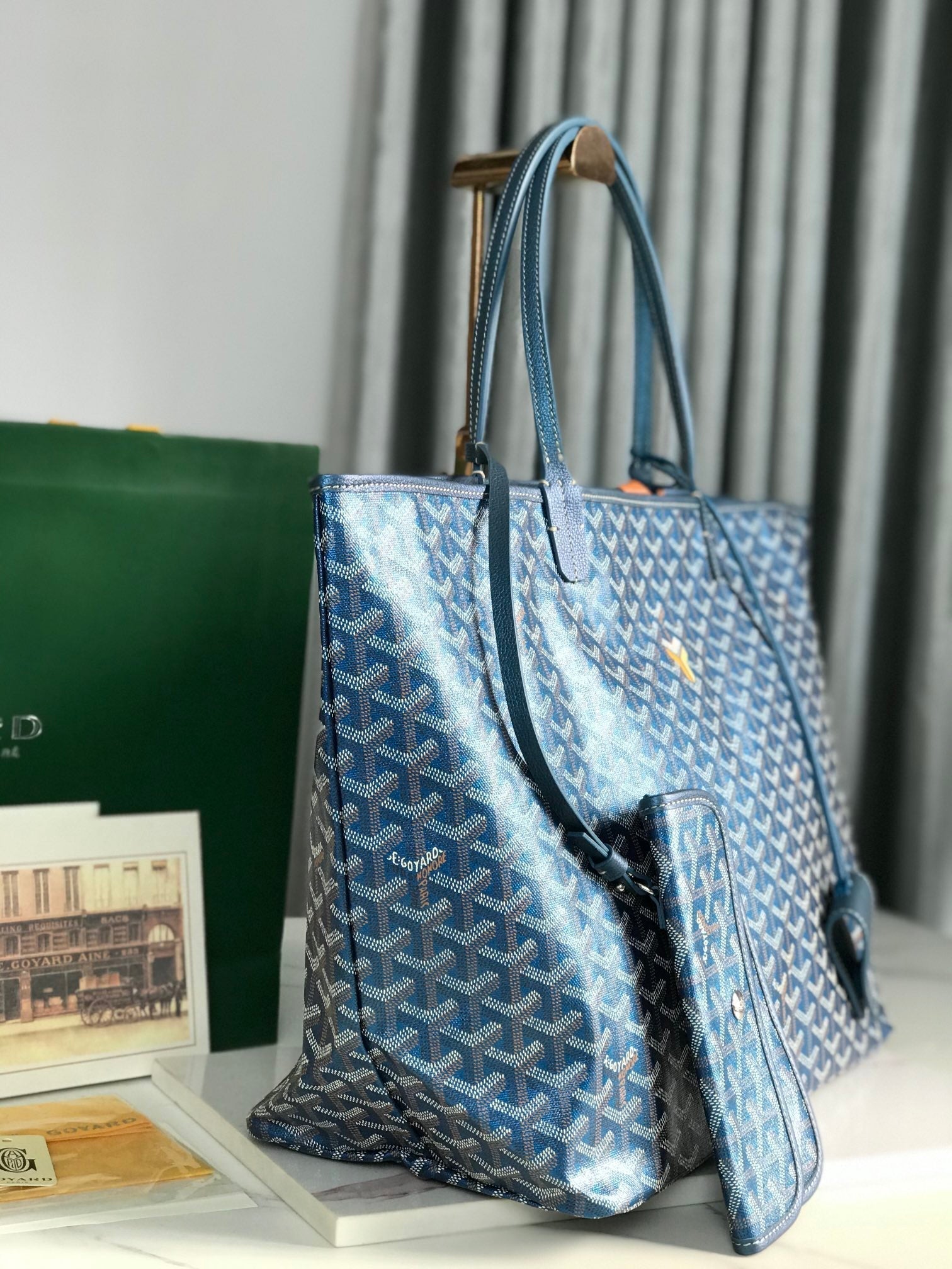 SAINT LOUIS GM BAG 40CM IN DEEP BLUE CANVAS CHEVROCHES CALFSKIN