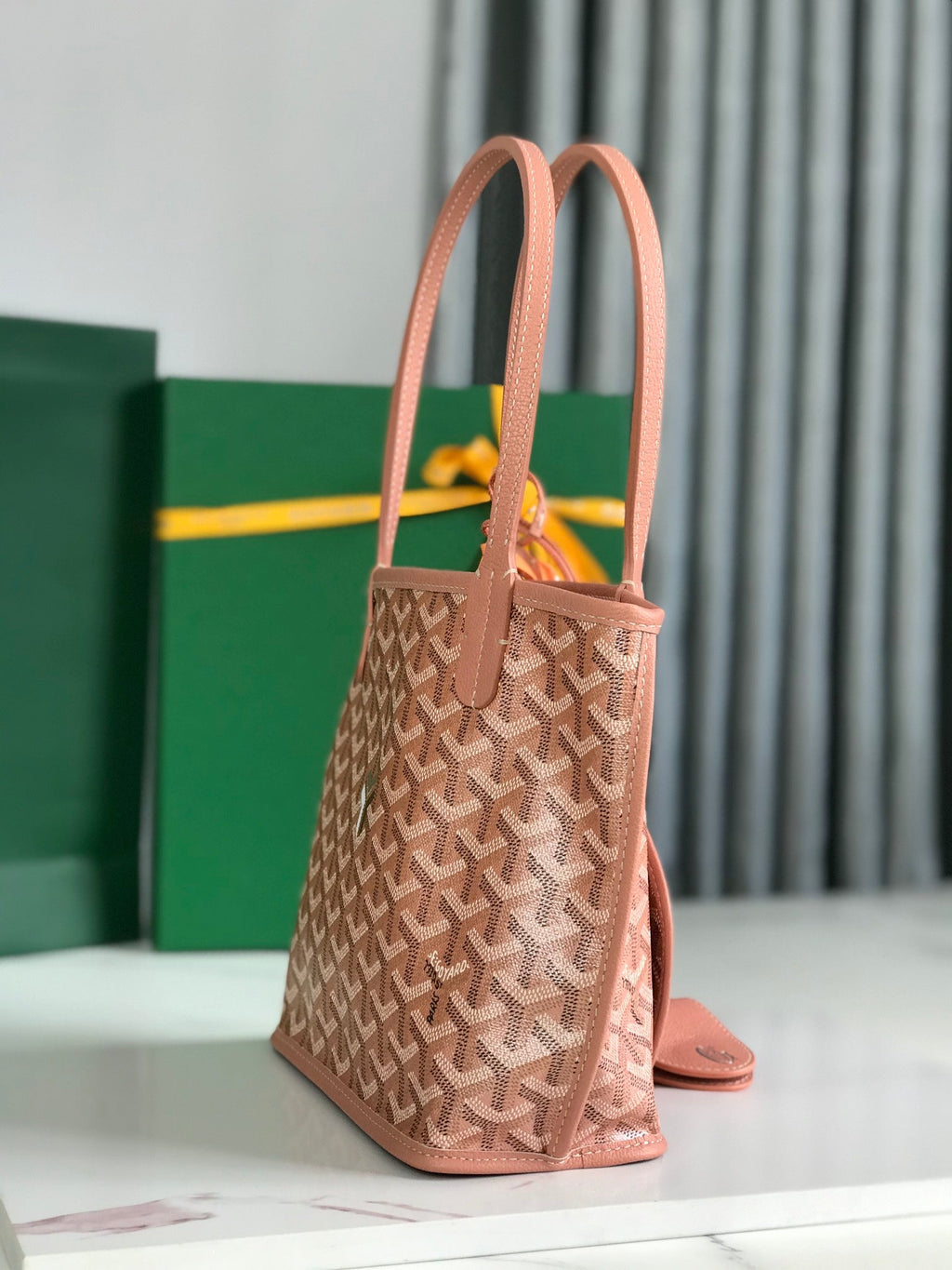 ANJOU MINI BAG 20CM PINK CANVAS CHEVROCHES CALFSKIN