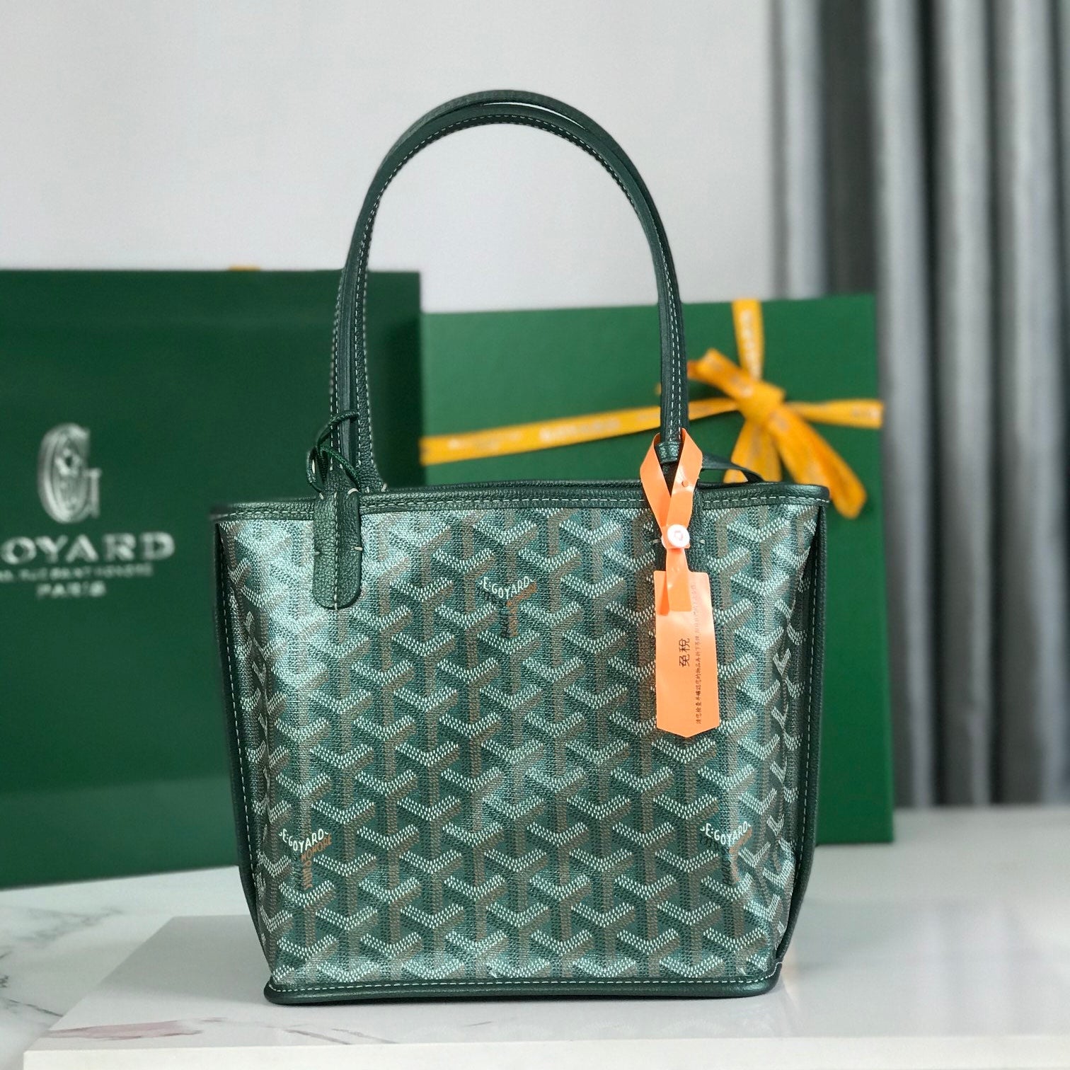 SAC ANJOU MINI 20 EN CUIR DE VEAU VERT ET TOILE GOYARDINE