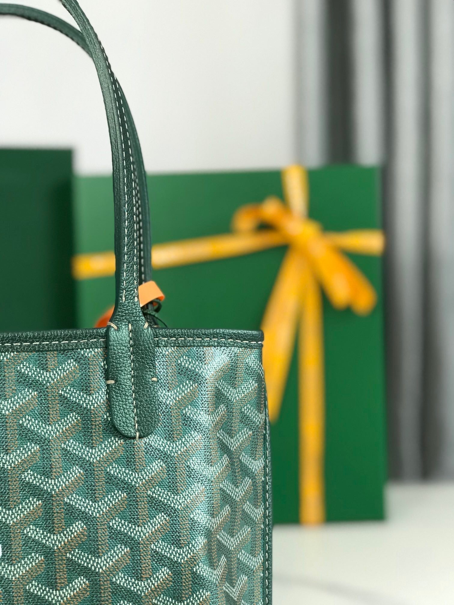 ANJOU MINI BAG 20CM GREEN CANVAS CHEVROCHES CALFSKIN