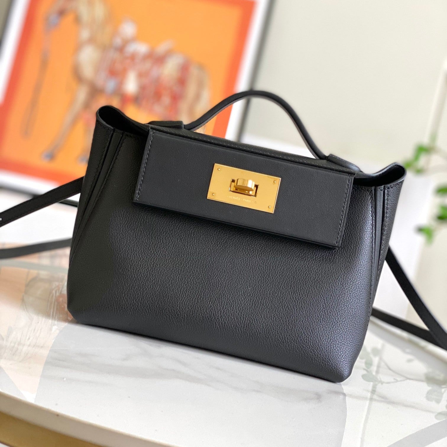 MINI SAC HM 24/24 21 CM CUIR NOIR EVERCOLOR QUINCAILLERIE DORÉ