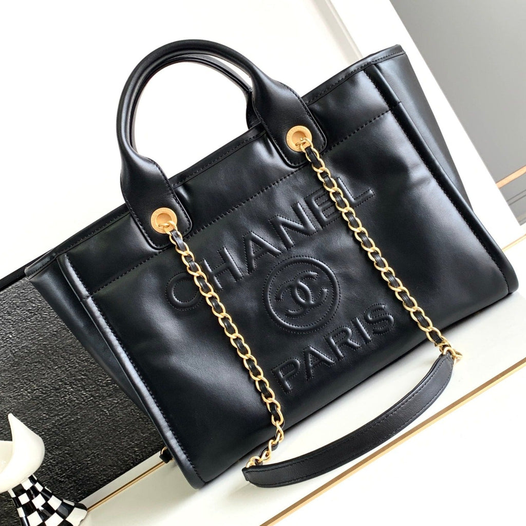 SAC CABAS CC MOYEN DEAUVILLE 33 CM EN CUIR DE VEAU NOIR GHW