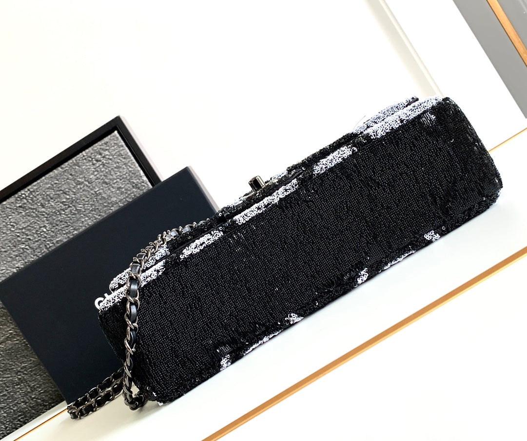 SAC À RABAT MOYEN 25 NOIR GRIS PAILLETTES QUINCAILLERIE ARGENTÉE