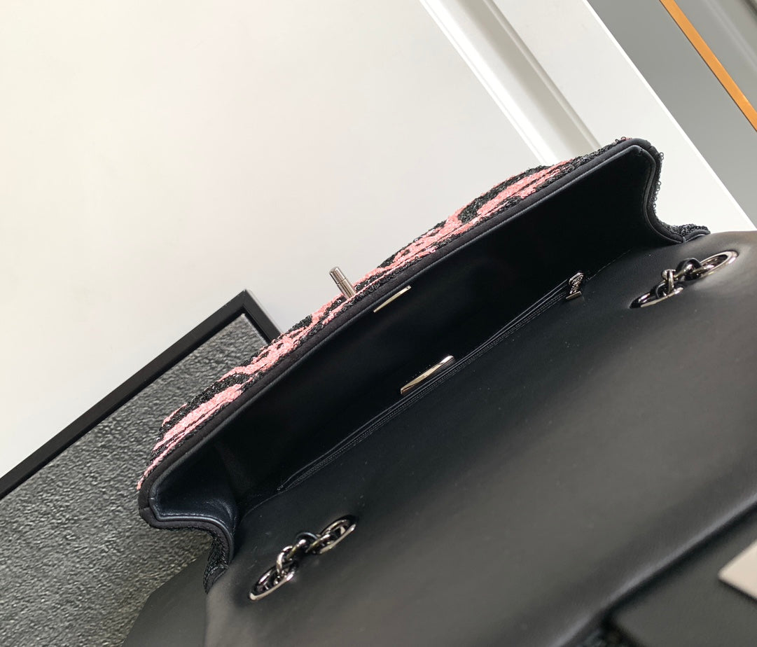 SAC À RABAT MOYEN 25 NOIR ROSE PAILLETTES QUINCAILLERIE ARGENTÉE