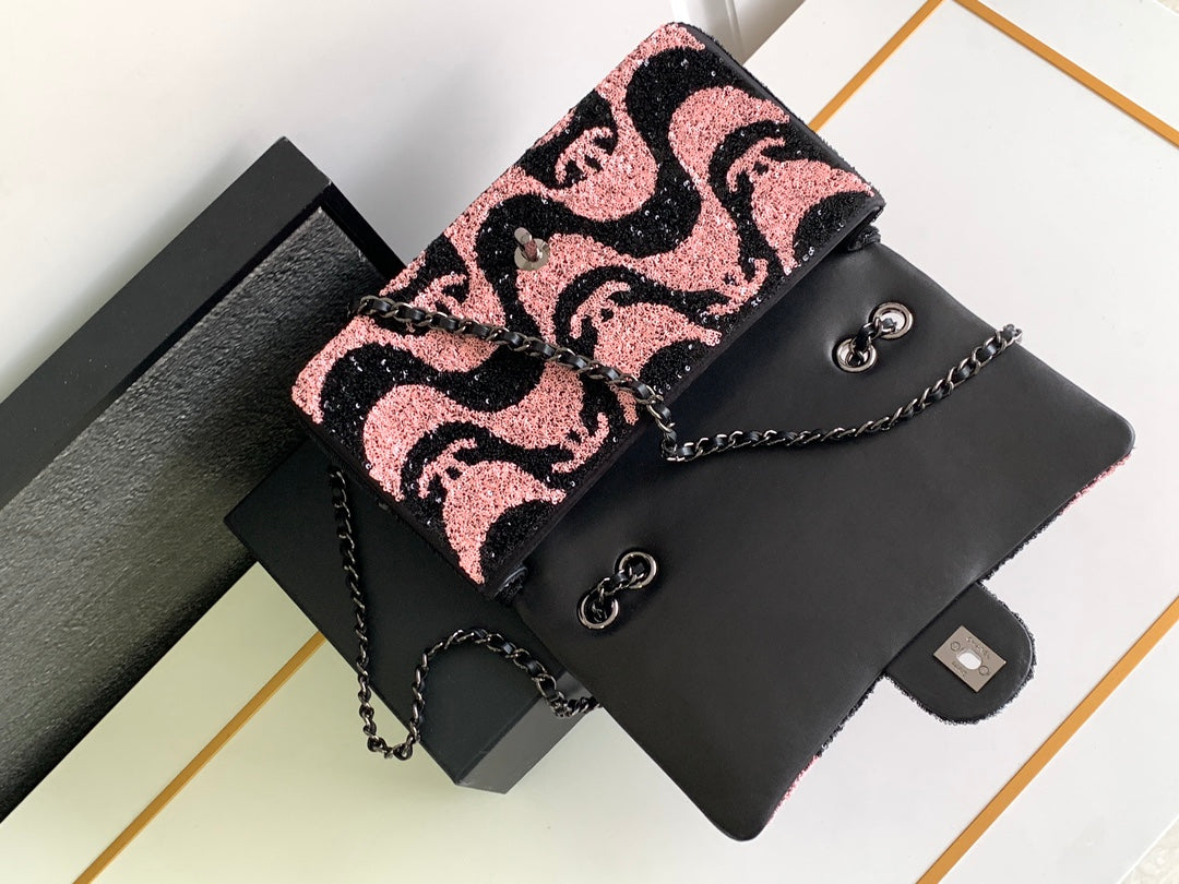 SAC À RABAT MOYEN 25 NOIR ROSE PAILLETTES QUINCAILLERIE ARGENTÉE