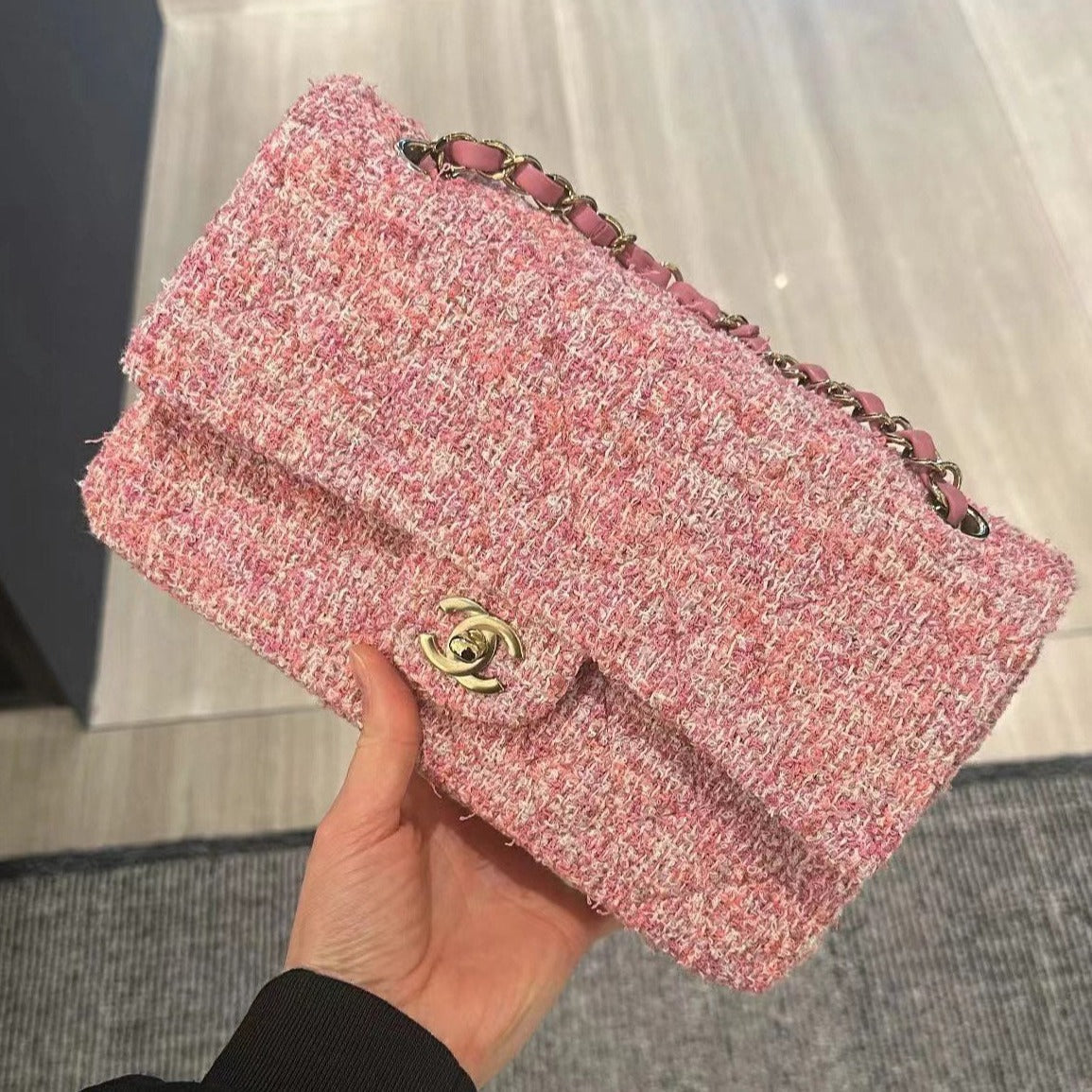SAC À RABAT MOYEN 25 TWEED ROSE QUINCAILLERIE ARGENTÉE