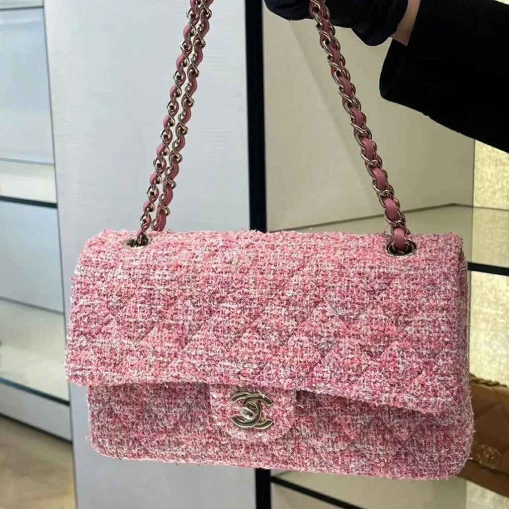 SAC À RABAT MOYEN 25 TWEED ROSE QUINCAILLERIE ARGENTÉE