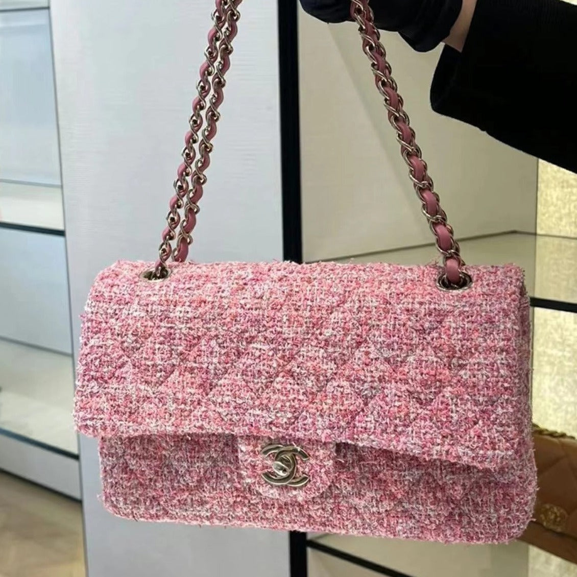 SAC À RABAT MOYEN 25 TWEED ROSE QUINCAILLERIE ARGENTÉE