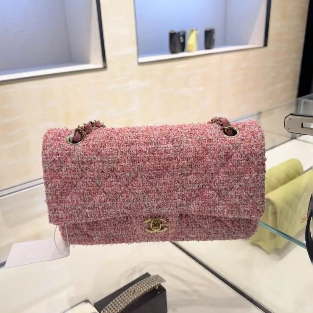 SAC À RABAT MOYEN 25 TWEED ROSE QUINCAILLERIE ARGENTÉE