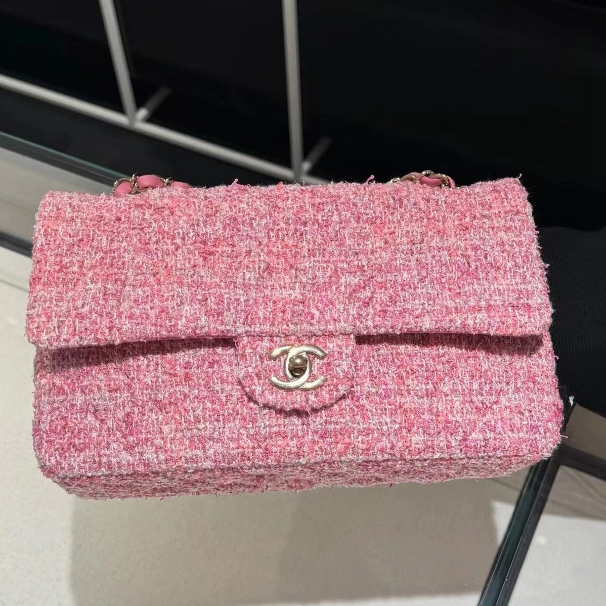SAC À RABAT MOYEN 25 TWEED ROSE QUINCAILLERIE ARGENTÉE